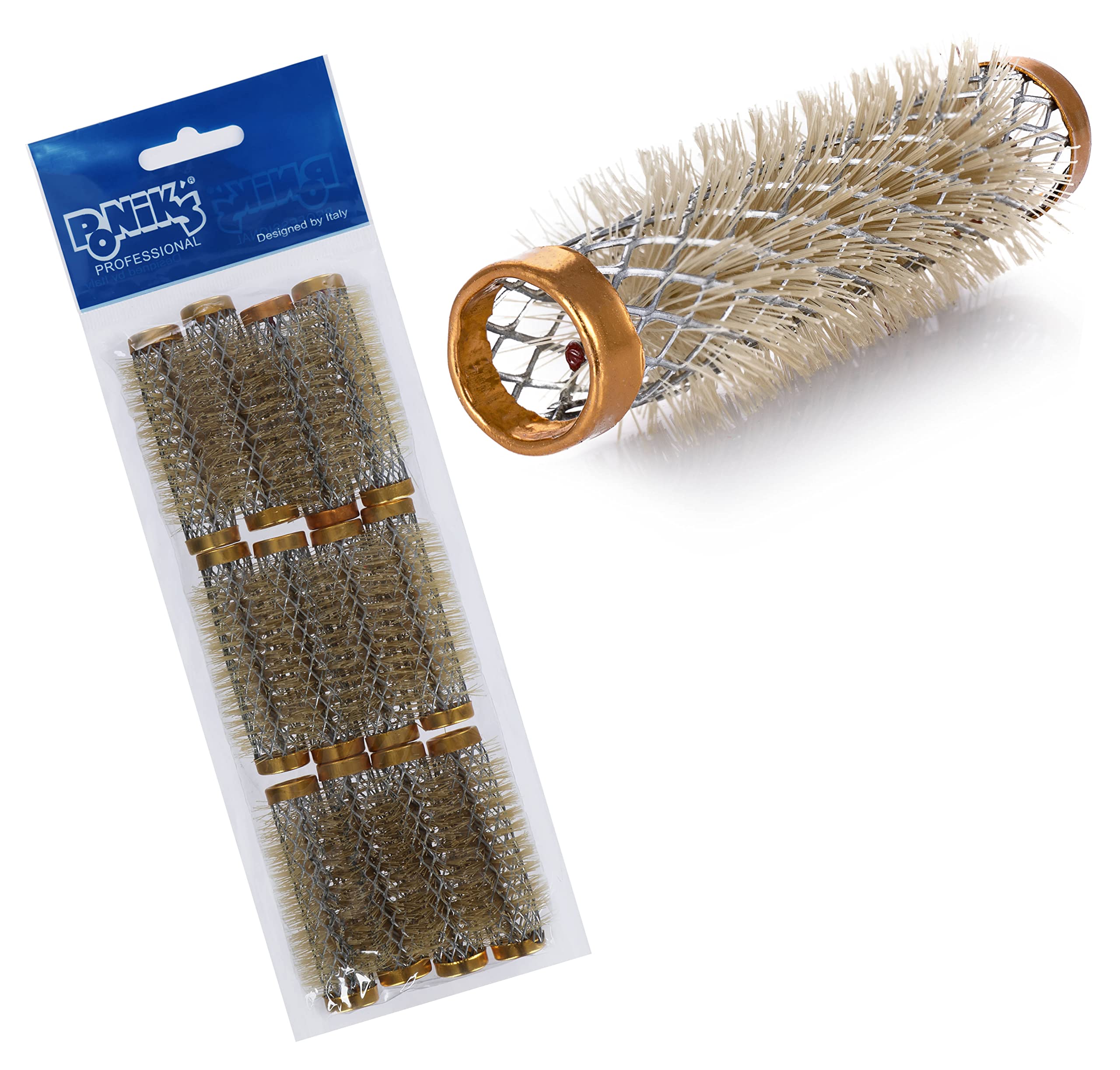 PONIK'S PROFESSIONAL 12-Piece Metal Hair Rollers Set with Bristles - 13mm Golden Wire Curlers for Salon-Quality Curls & Waves - Perfect for Home Styling, Salon Use & Special Occasions