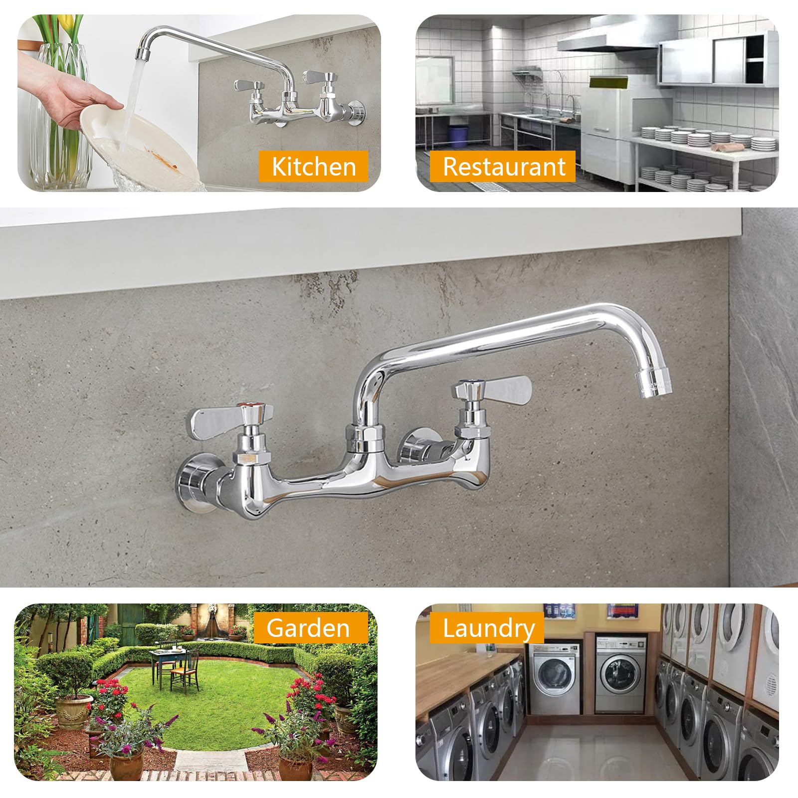 8 Inch Wall Mount Commercial Kitchen Sink Faucet - Double Handle Bar Laundry Utility Faucet with Swivel Spout, Chrome Mixer Tap for Restaurants, Bars & Home Kitchens