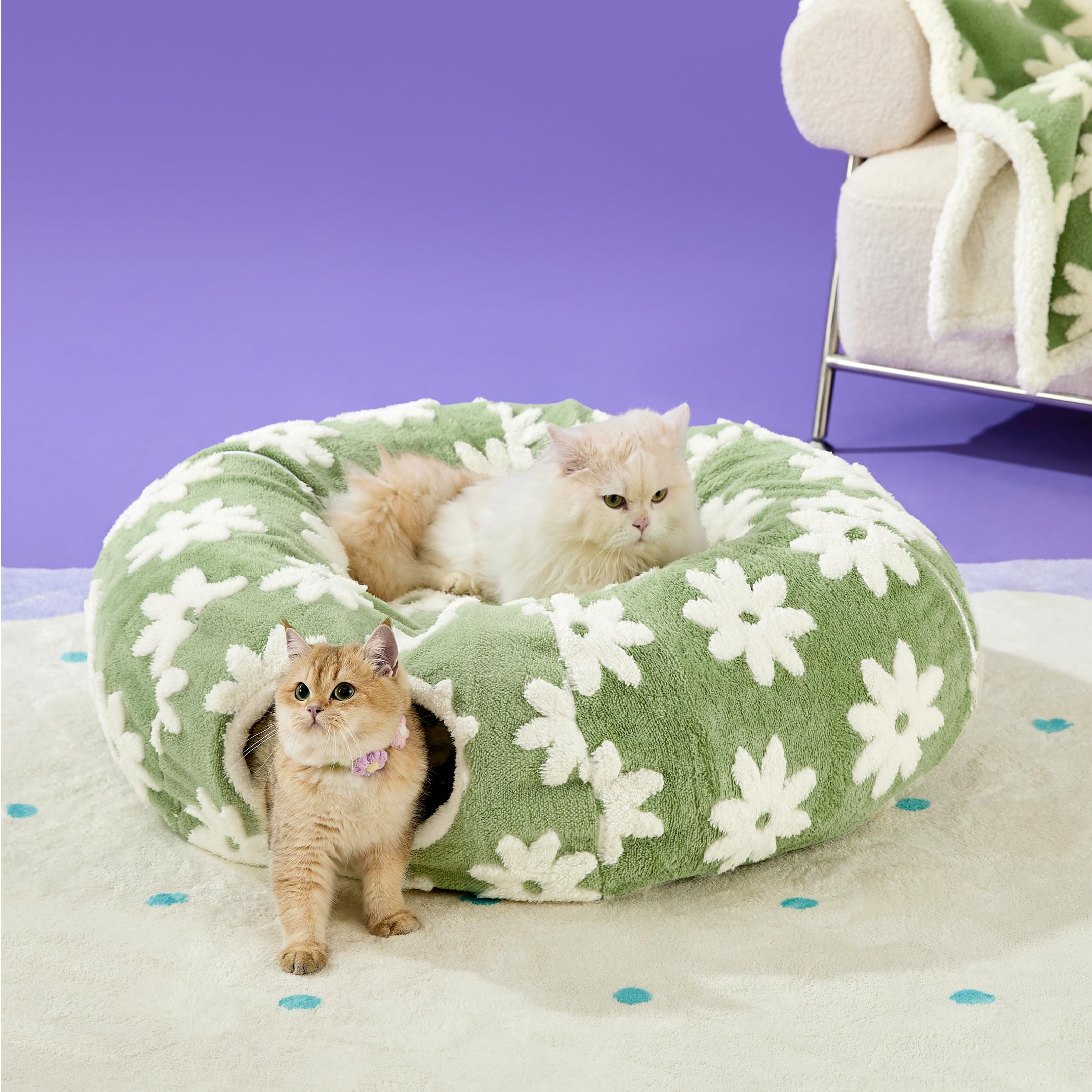 Lesure Cat Tunnel Bed for Indoor Cats - Washable Donut Tunnel with Cushion, Round Peekaboo Cave Toy for Kittens, Puppies & Rabbits | Green Pet Hideaway for Playtime, Napping & Stress Relief