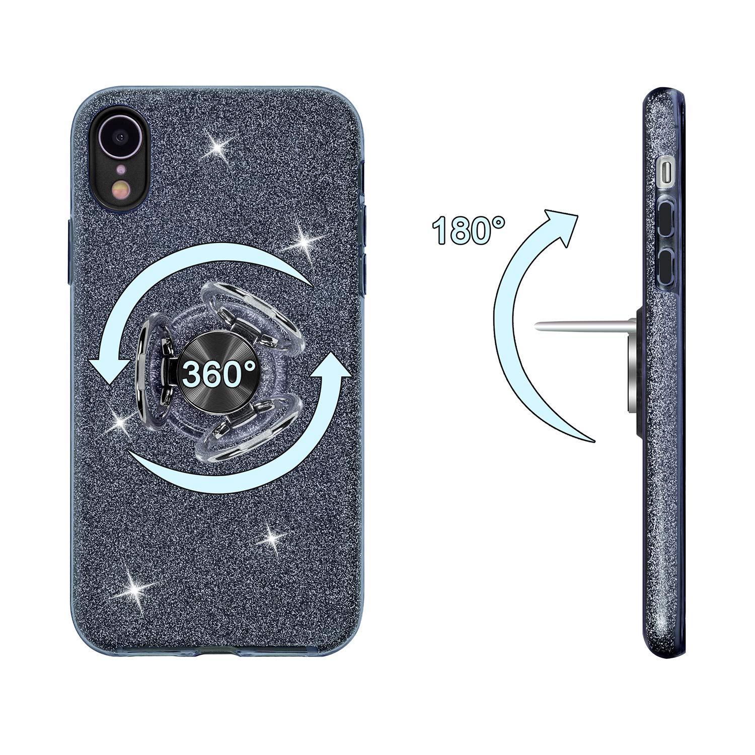 Wisdompro Sparkle Glitter Bling Protective Case with Ring Kickstand for iPhone XR 6.1 Inch - Cute Women Girls Phone Cover in Black | Perfect for Daily Use, Work, and Travel