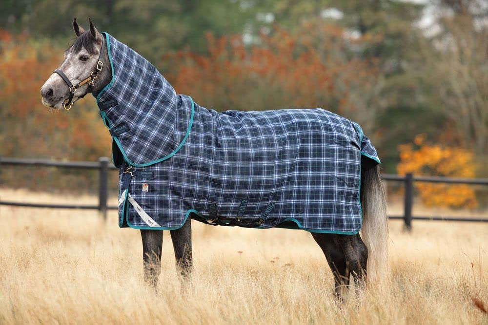 HORSEWARE Ireland Rhino Plus Medium Weight 250G Fill Waterproof Breathable Horse Turnout Blanket with Vari-Layer Technology - Navy Check/Teal, Size 84 - Ideal for Cold Weather Riding and Stable Use
