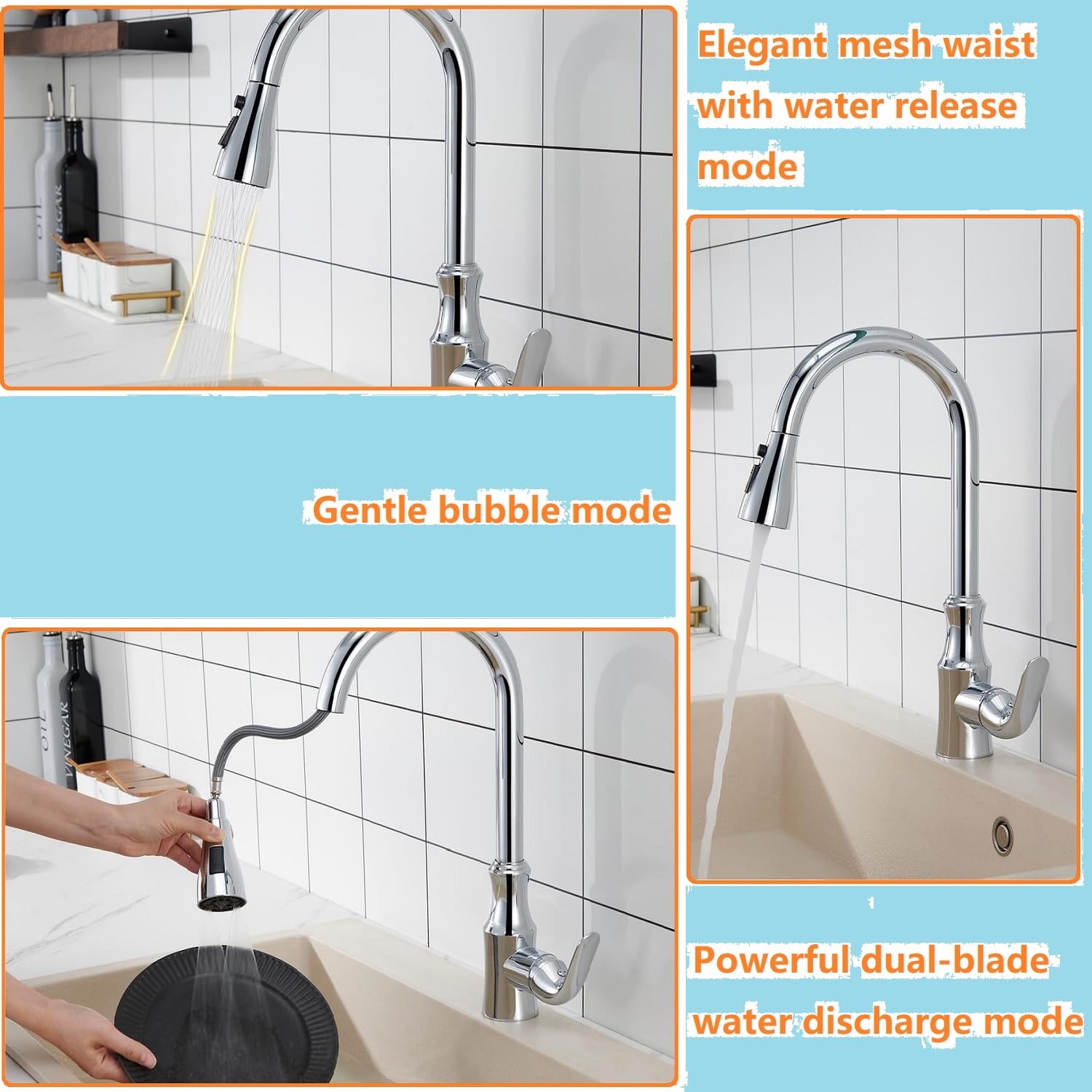 High-Quality Pull Down Kitchen Faucet Sprayer Head Replacement - G1/2 (20mm) Connector Compatible, Durable Pull Out Sink Spray Nozzle for Easy Cleaning - Perfect for Washing Dishes, Fruits, and Vegetables (Silver)