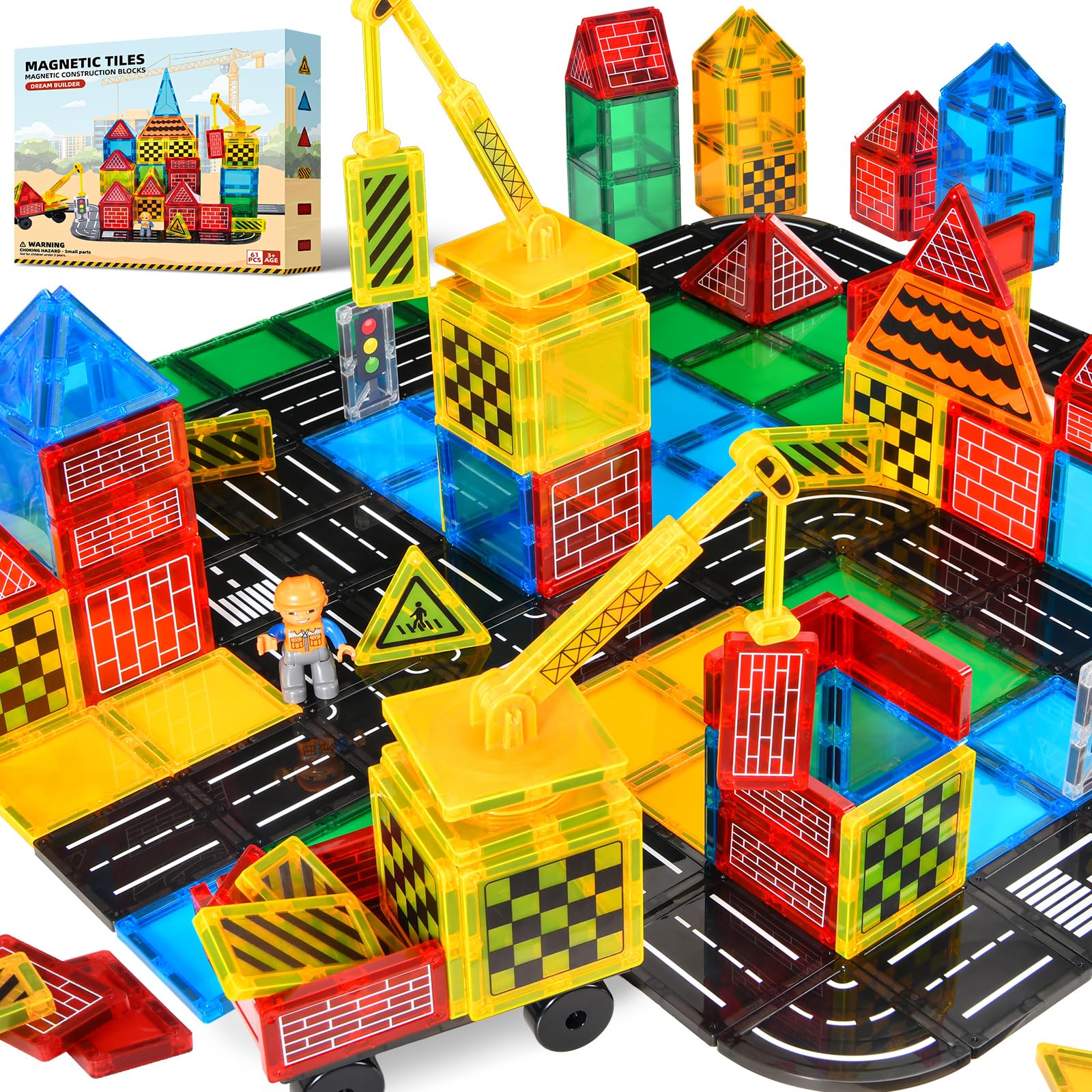 Magnetic Tiles Road Set - City Construction Building Toys for Kids Ages 3+, Magnetic Blocks with Extendable Crane & Car, STEM Learning Toys for Boys & Girls - Perfect for Creative Play, Birthday Gifts & Classroom Activities