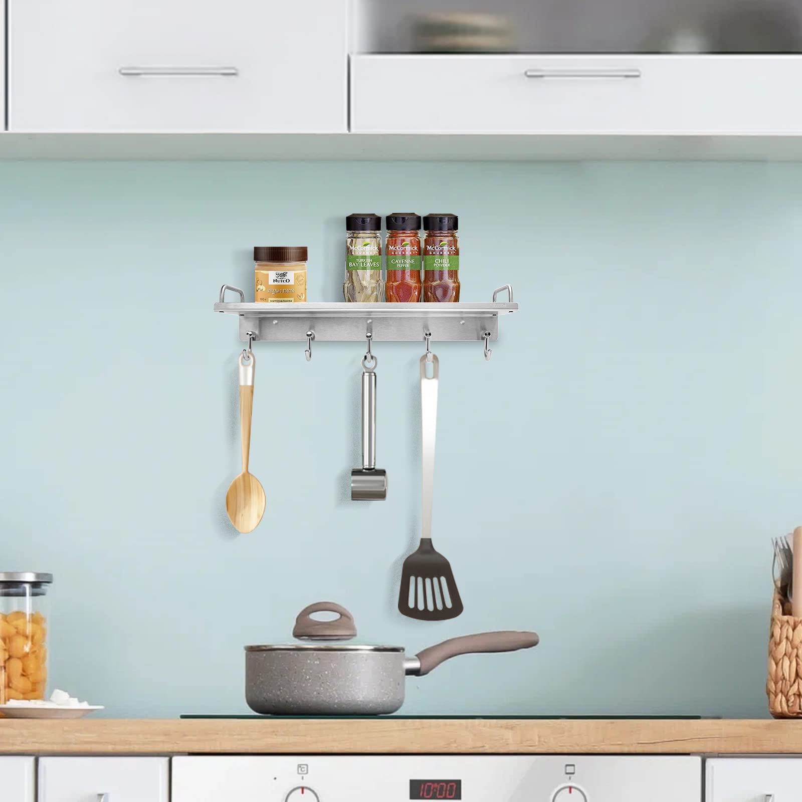 Stainless Steel Wall Mount Kitchen Utensil & Spice Rack with Hooks - Over the Stove Shelf Organizer for Spatulas, Spoons & Seasoning Jars - Perfect for Small Kitchen Storage & Cooking Space Organization