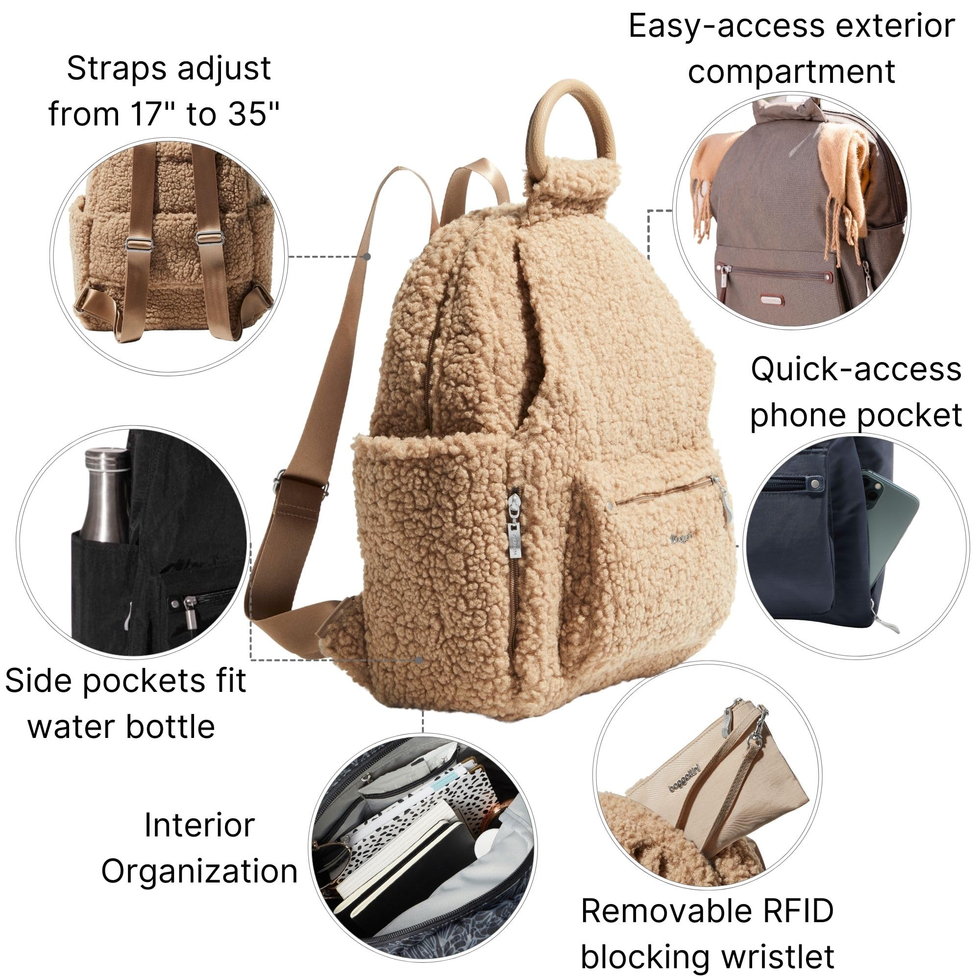 Baggallini Women's RFID Anti-Theft Backpack with Phone Wristlet - Lightweight Travel Backpack for Work, School & Commuting - Taupe Faux Shearling Daypack for Laptops & Essentials