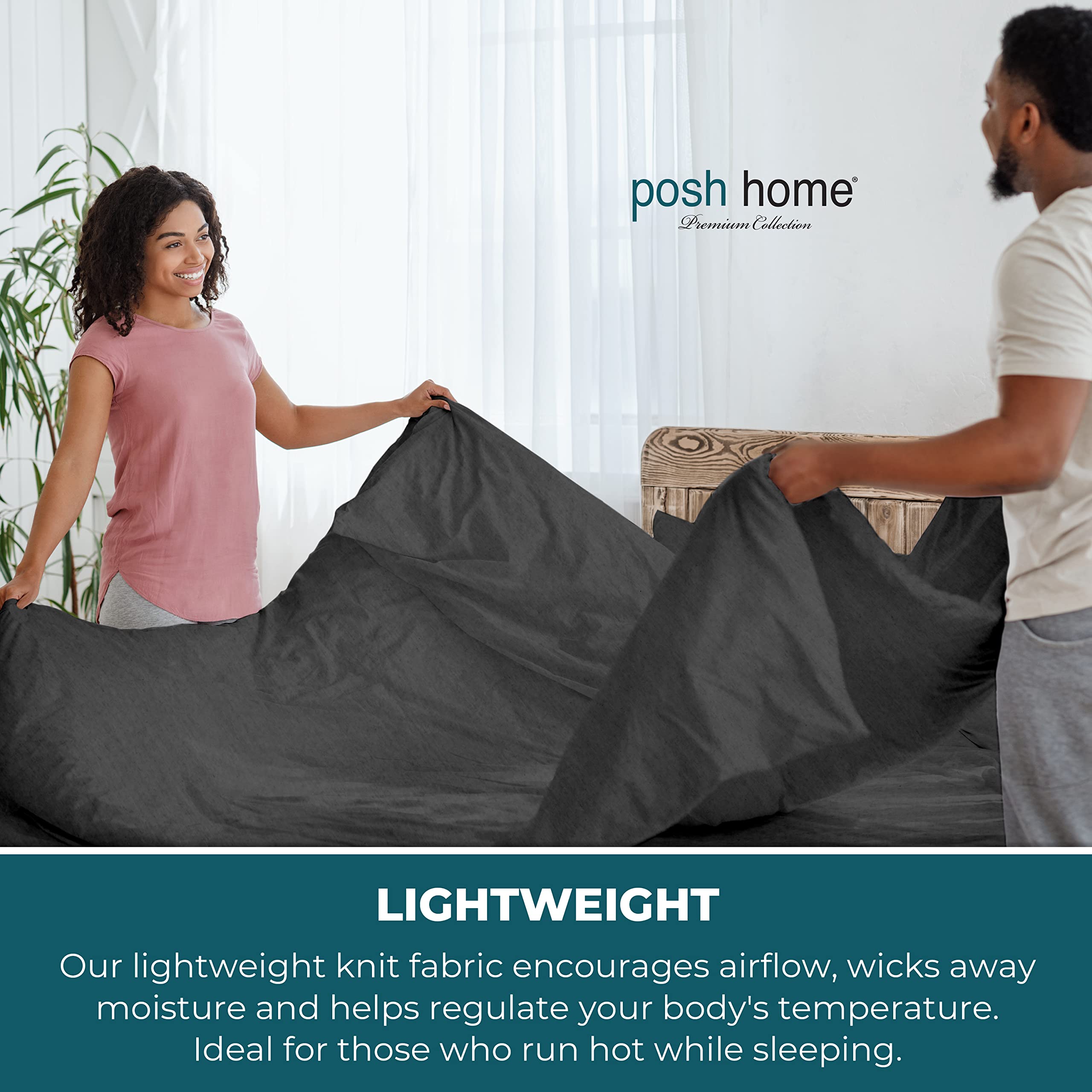 Posh Home Jersey Knit Sheet Set – 4-Piece Soft Cotton Jersey Bed Sheets for King Size Beds – Breathable T-Shirt Material Includes Flat Sheet, Fitted Sheet & 2 Pillowcases – Perfect for All-Season Comfort in Gray | Ideal for Cozy Nights, Guest Rooms & Modern Bedrooms
