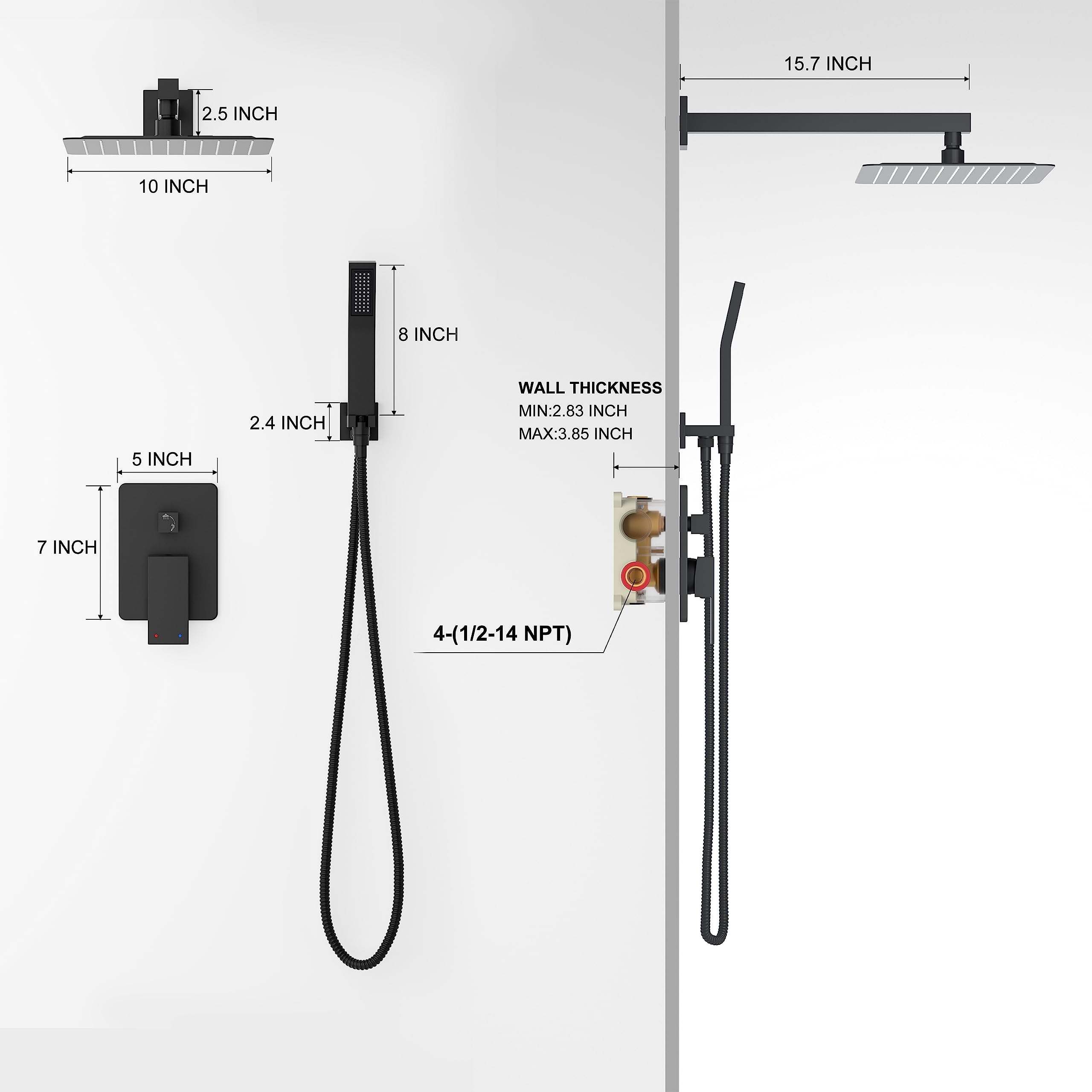 Premium Matte Black Shower System - 10 Inch High Pressure Rainfall Shower Head & Handheld Sprayer - Wall Mounted Bathroom Faucet Set with Rough-in Valve & Trim Kit - Perfect for Modern Master Bathrooms & Spa-Like Showers