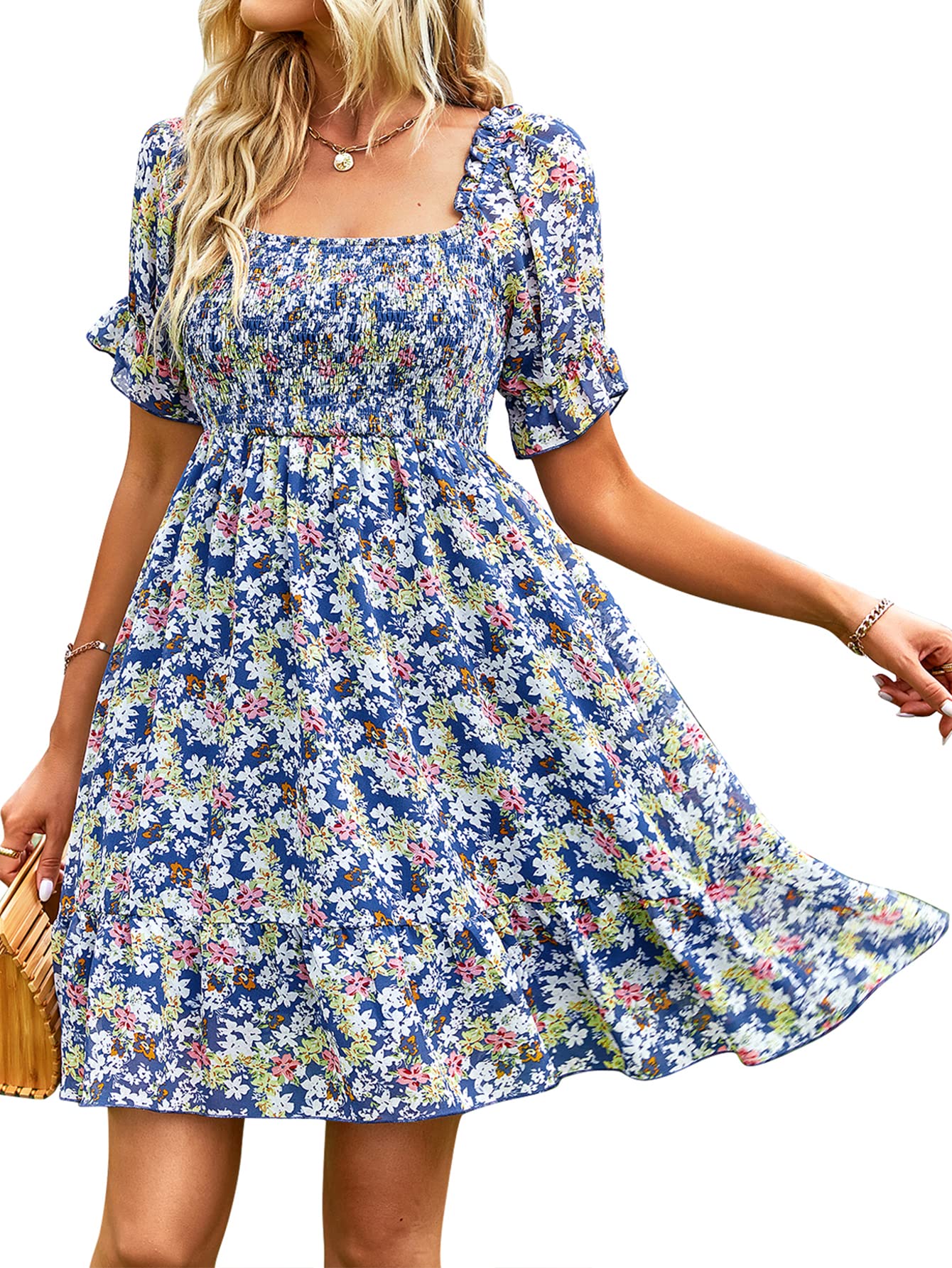 Vaiaye Women's Vintage Floral Square Neck Midi Dress - Chiffon Half Sleeve Summer Sun Dress with Ruffle & Elastic Bust - Perfect for Beach Vacations, Garden Parties & Date Nights