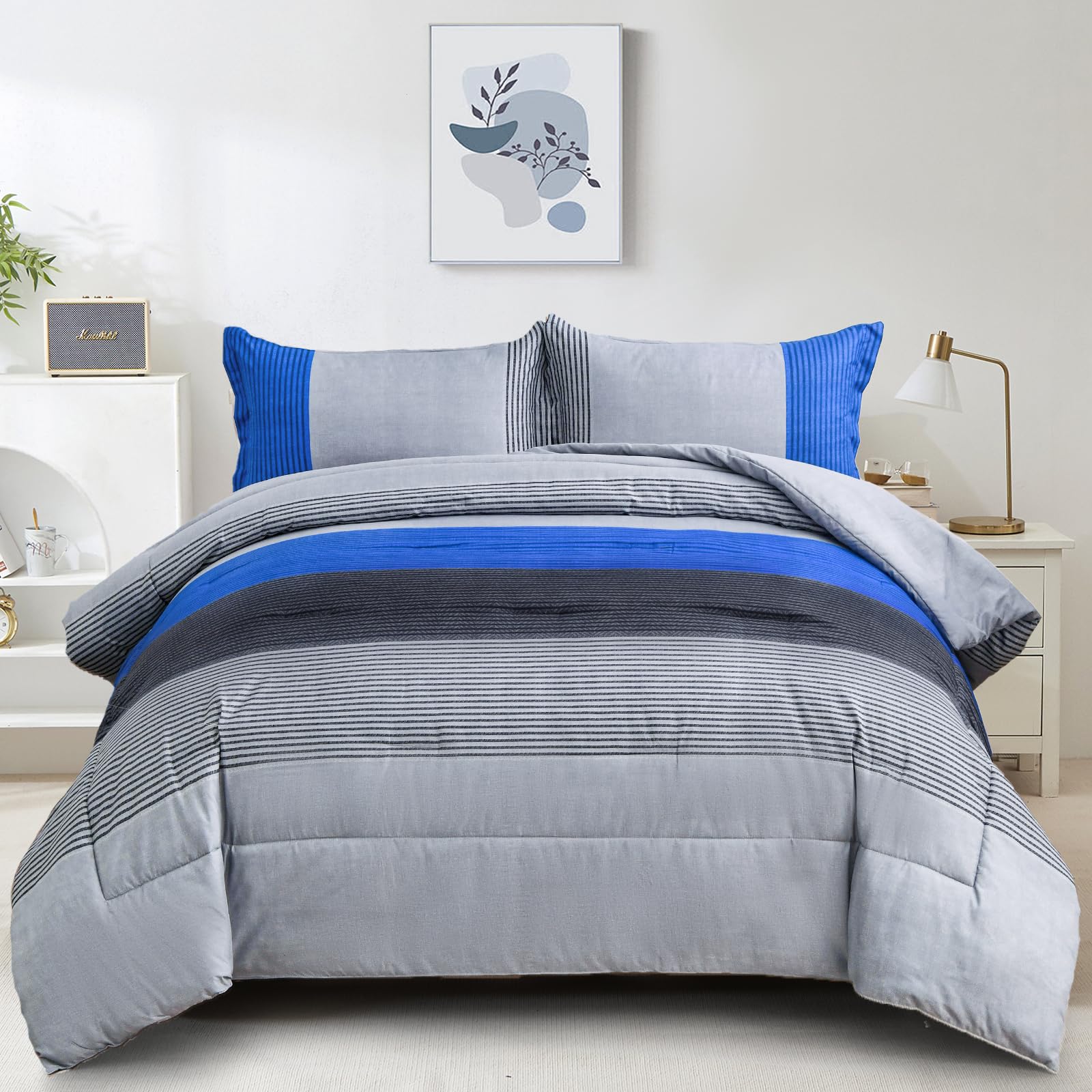 WONGS BEDDING King Size Blue & Grey Reversible Down Alternative Comforter Set - 3 Piece Microfiber Bedding (104