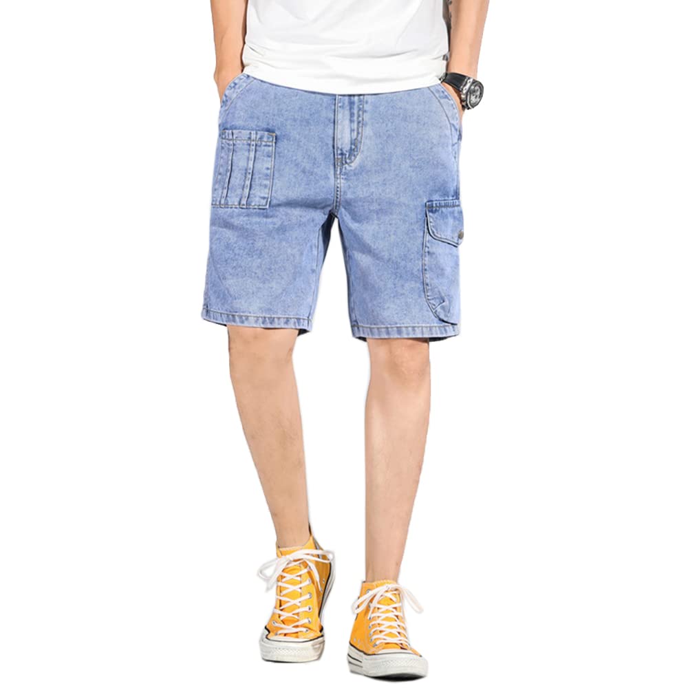 yosuwer Men's Stretch Elastic Waist Denim Cargo Shorts - Multi-Pocket Work Short Pants with Relaxed Fit for Casual Wear | Perfect for Outdoor Activities, Hiking & Summer Workwear