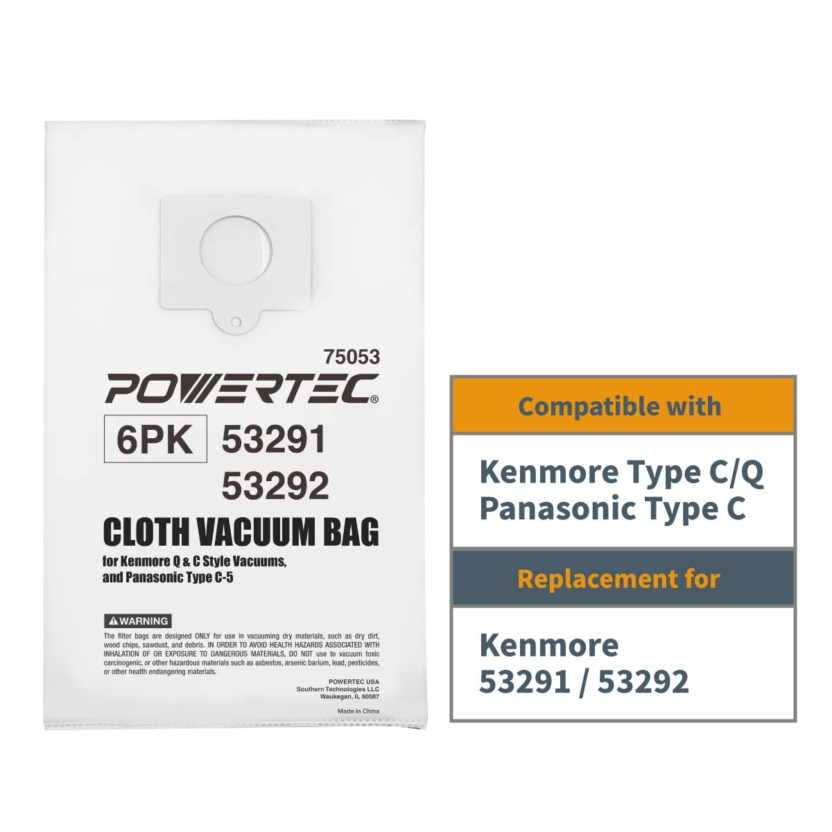 POWERTEC 5055, 50557, 50558 Vacuum Bags 6PK - Compatible with Kenmore 53291/53292, Panasonic Style C/Q, Type C-5/C-18/C-19 Models - Replacement Canister Vacuum Cleaner Bags (75053) - Ideal for Home Cleaning, Pet Hair Removal & Allergen Reduction