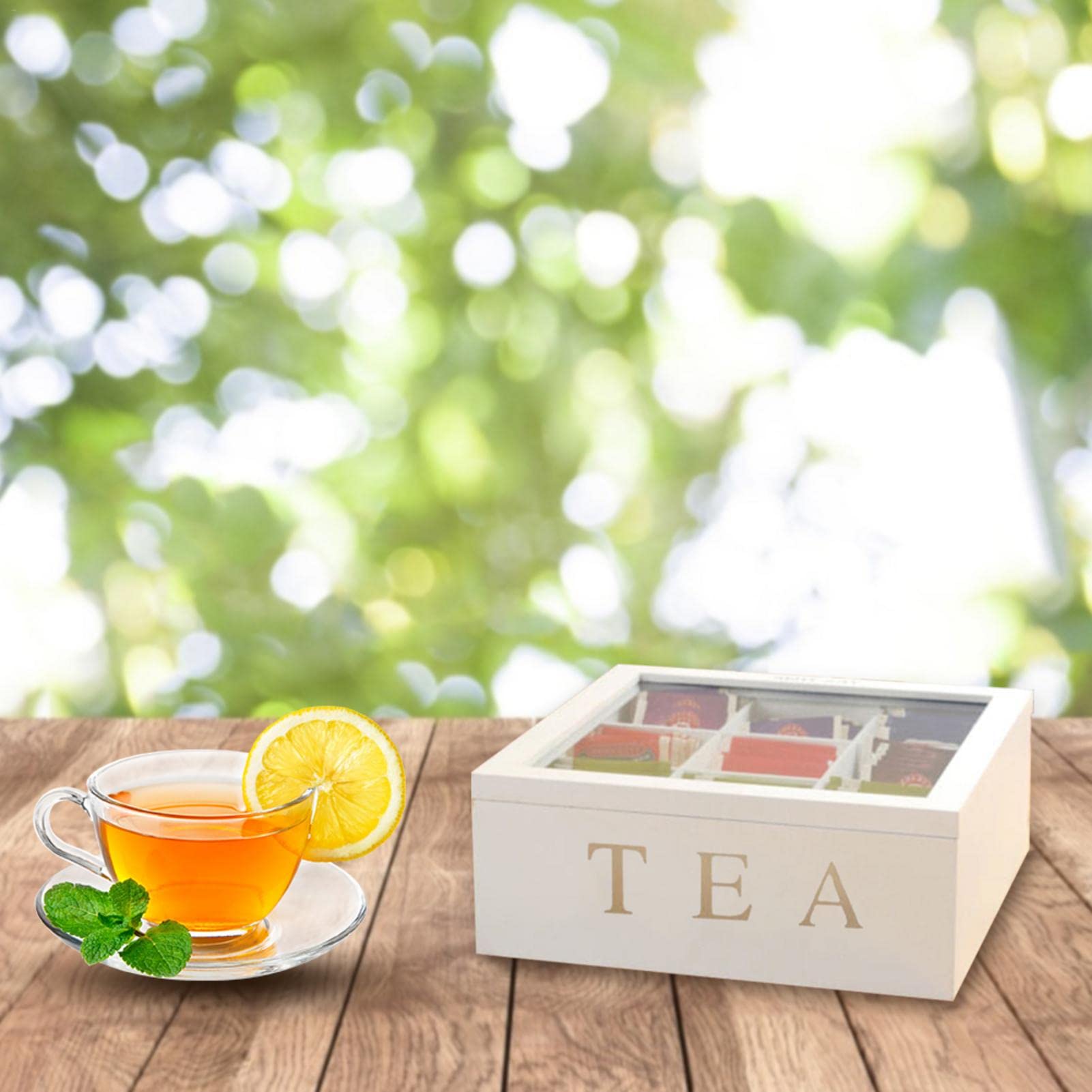 Bamboo Tea Bag Storage Box with Clear Lid - 9 Compartment Rustic Kitchen Organizer for Tea Pouches, Sugar Packets & Coffee Pods | Perfect for Pantry, Office & Gift Giving