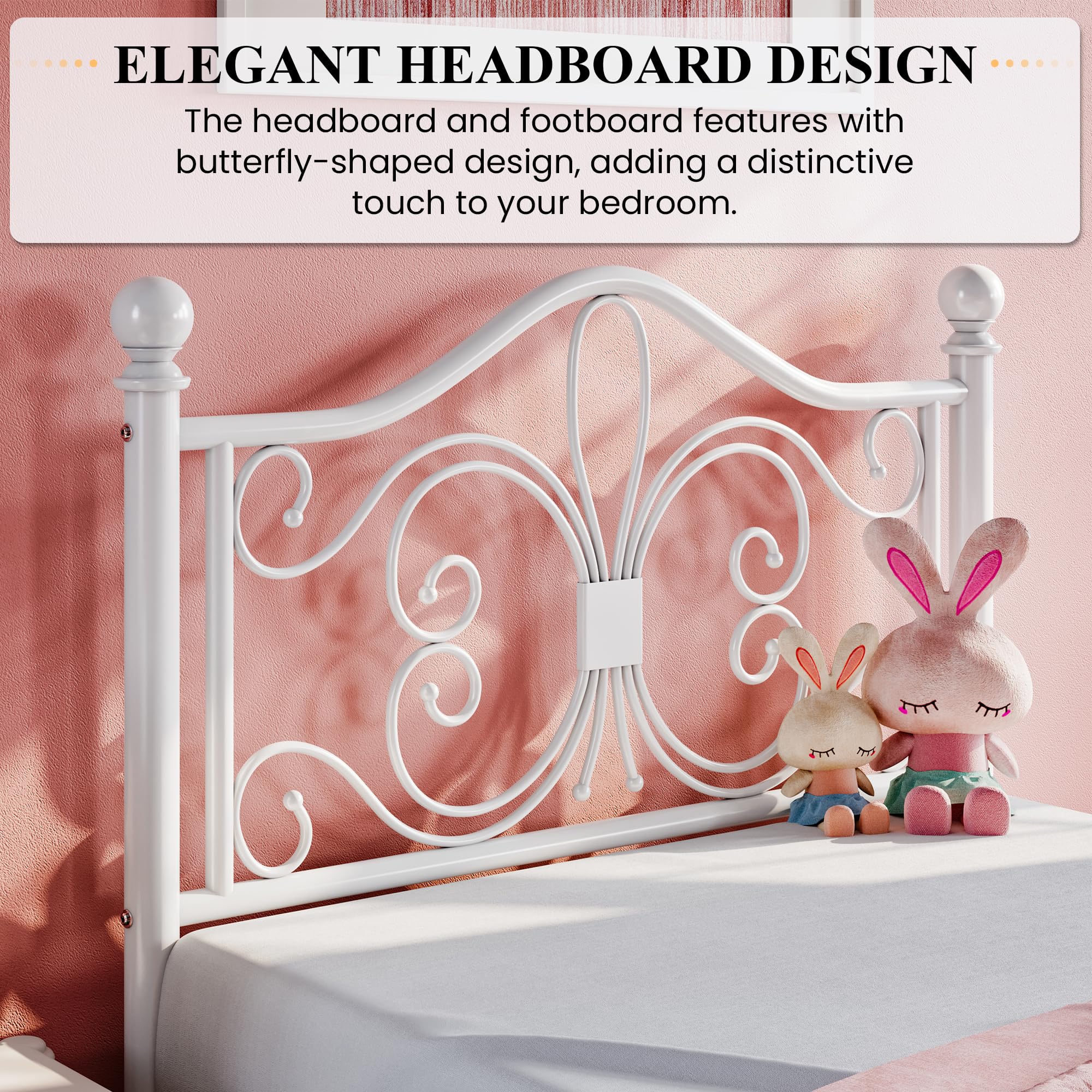 SHA CERLIN Twin Size Metal Bed Frame for Kids - Butterfly Pattern Headboard & Footboard, No Box Spring Required, Easy Assembly, White - Perfect for Children's Bedrooms, Guest Rooms & Small Spaces