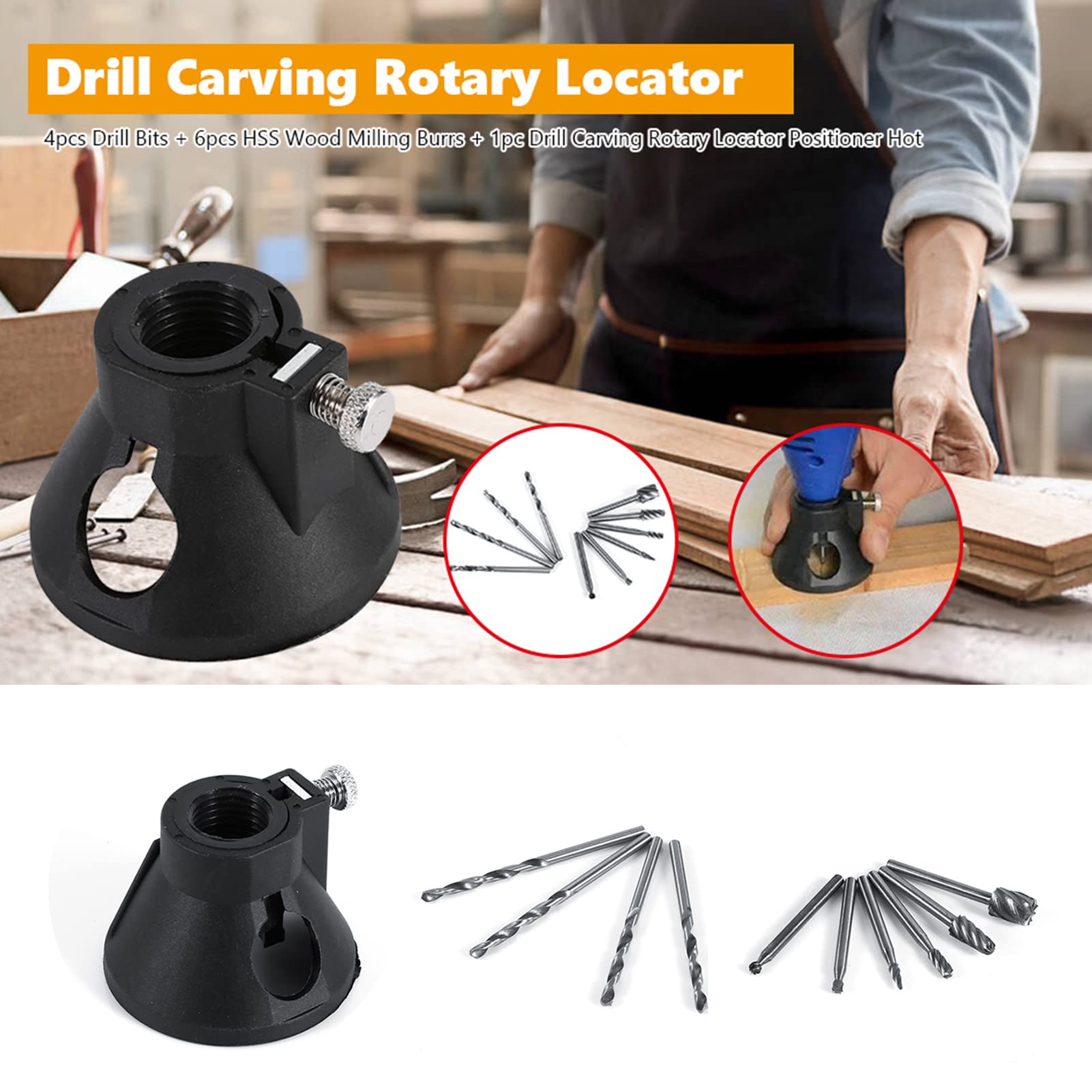 Wood Carving Locator Positioner Set with 4 Drill Bits & 6 Wood Milling Burrs - Precision Drill Guide for DIY Woodworking, Furniture Making, and Craft Projects - Perfect for Hobbyists and Professional Carpenters