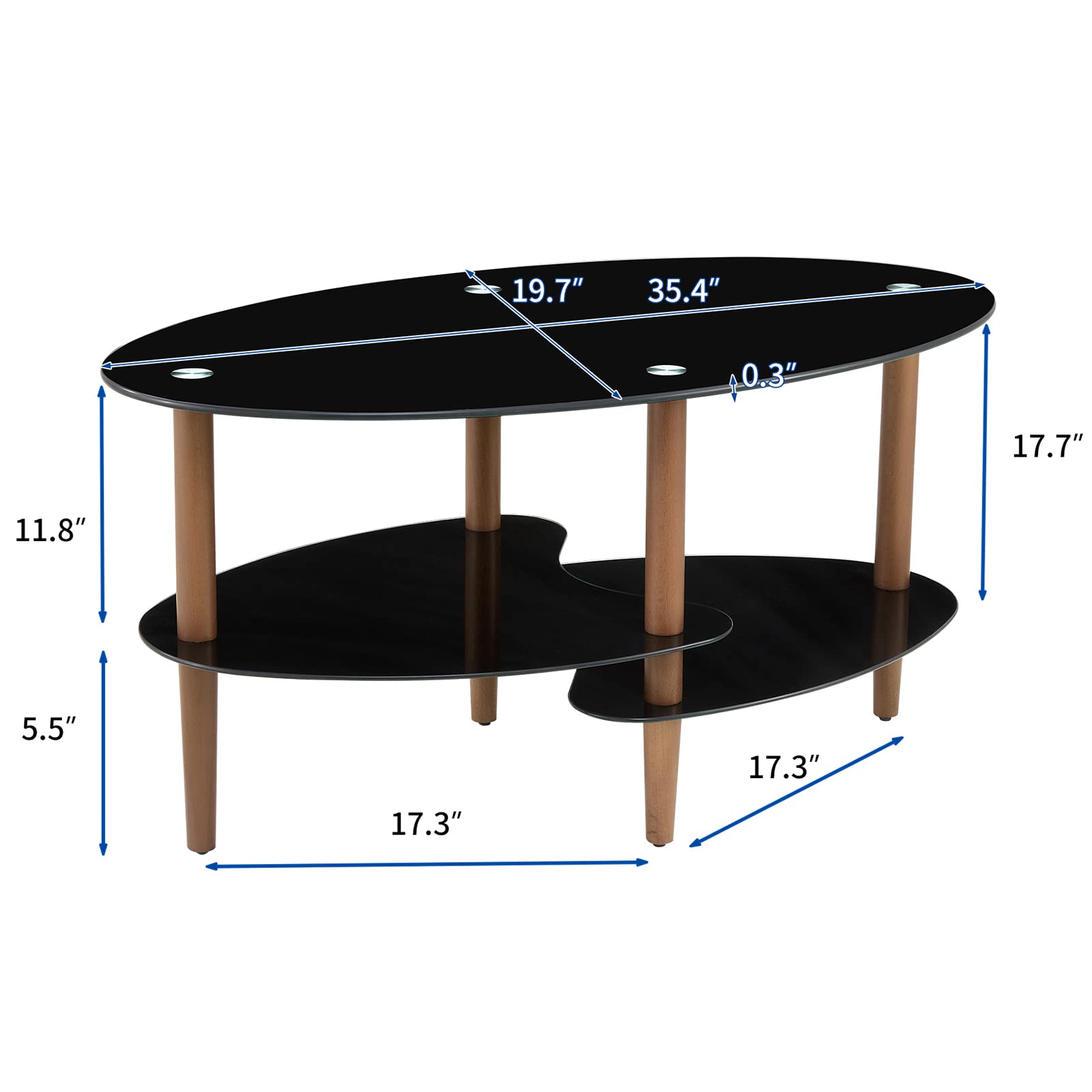 Modern Black Oval Glass Coffee Table with Oak Wood Legs - 3-Layer Transparent Glass Top - Perfect for Living Room, Waiting Room & Office Spaces