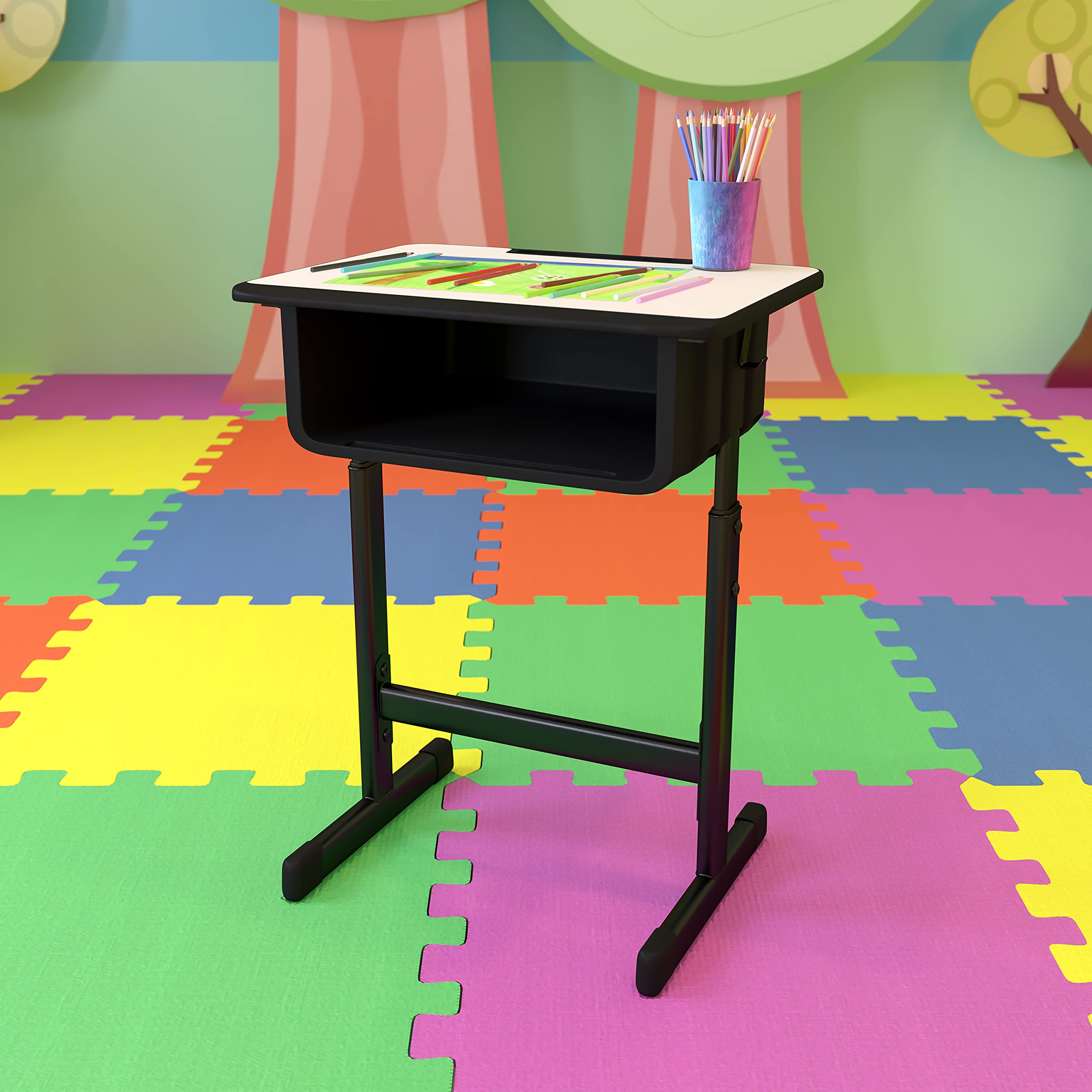 Adjustable Height Grey Student Desk with Black Pedestal Frame - Perfect for Home Study, Online Learning & Small Spaces - EMMA + OLIVER