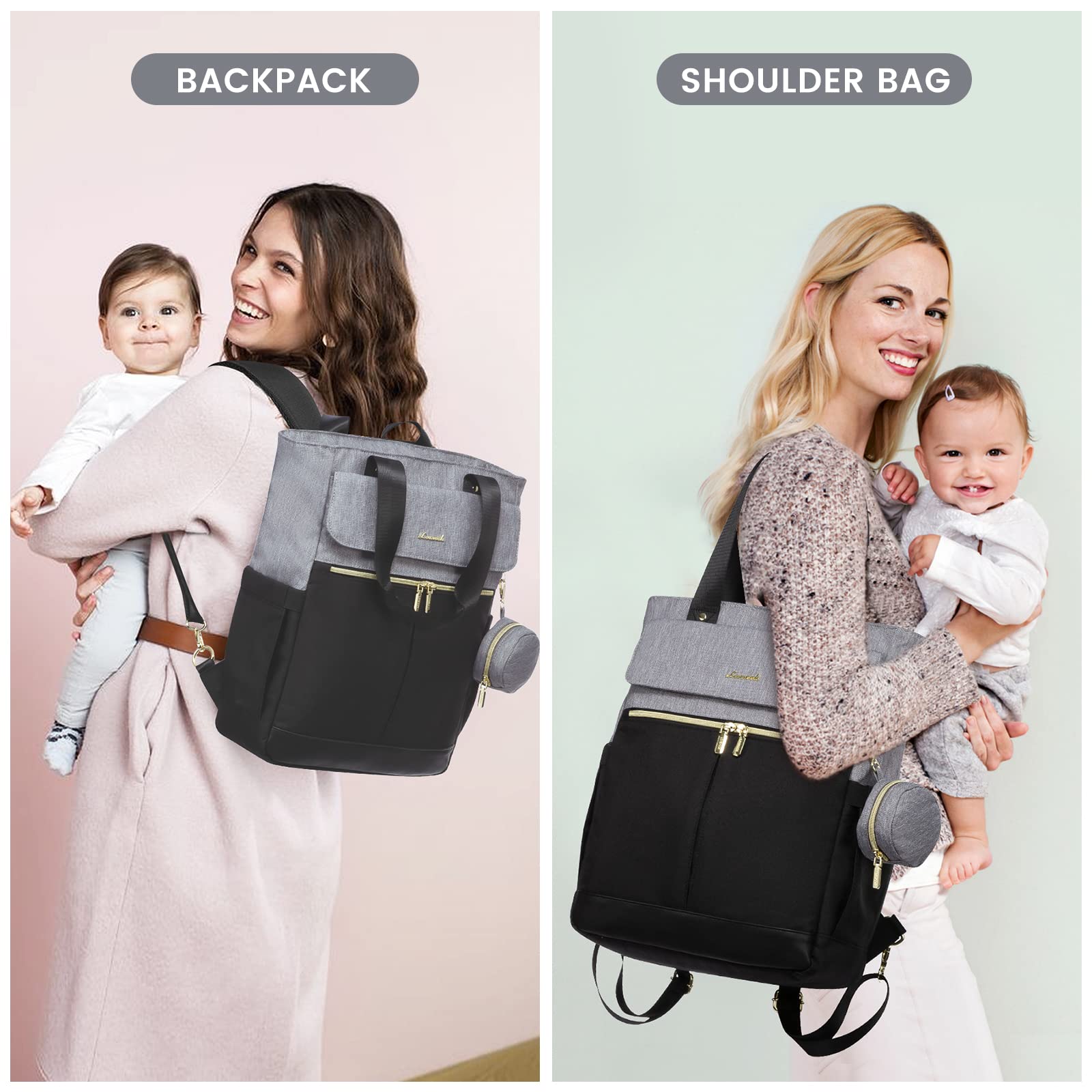 Kumini LOVE2024 Multifunctional Baby Changing Backpack for Women - Waterproof Diaper Bag, Maternity & Travel Backpack, Black Grey - Perfect for Nursing Moms, Daycare & Family Outings