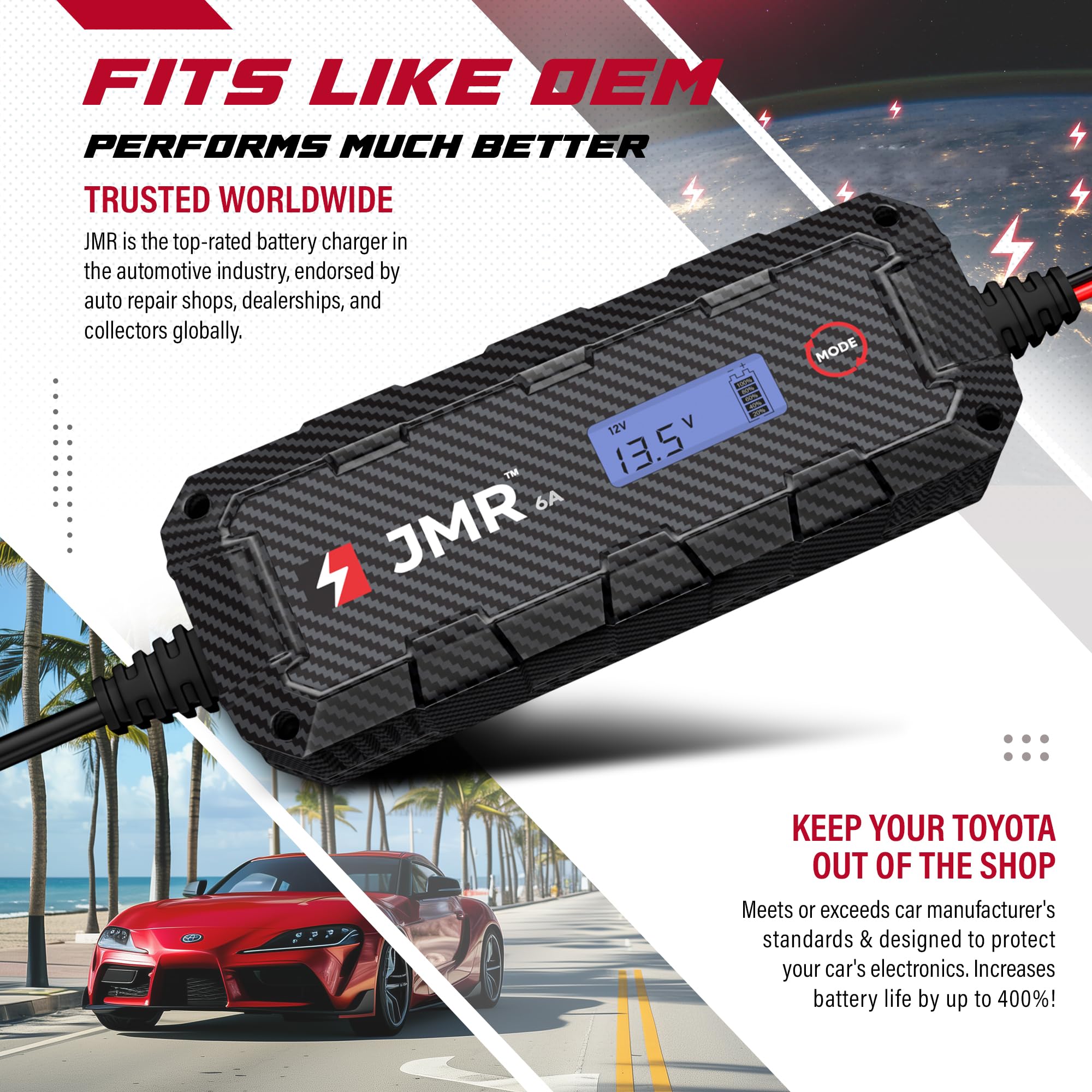 JMR Battery Charger & Maintainer for Toyota 86, Land Cruiser, Sequoia, Tundra, Mirai, Supra, Highlander, RAV4, 4Runner, Sienna, Tacoma - 12V Trickle Charger for All Toyota Models - Perfect for Winter Storage & Long-Term Vehicle Maintenance (No Lithium Mode)