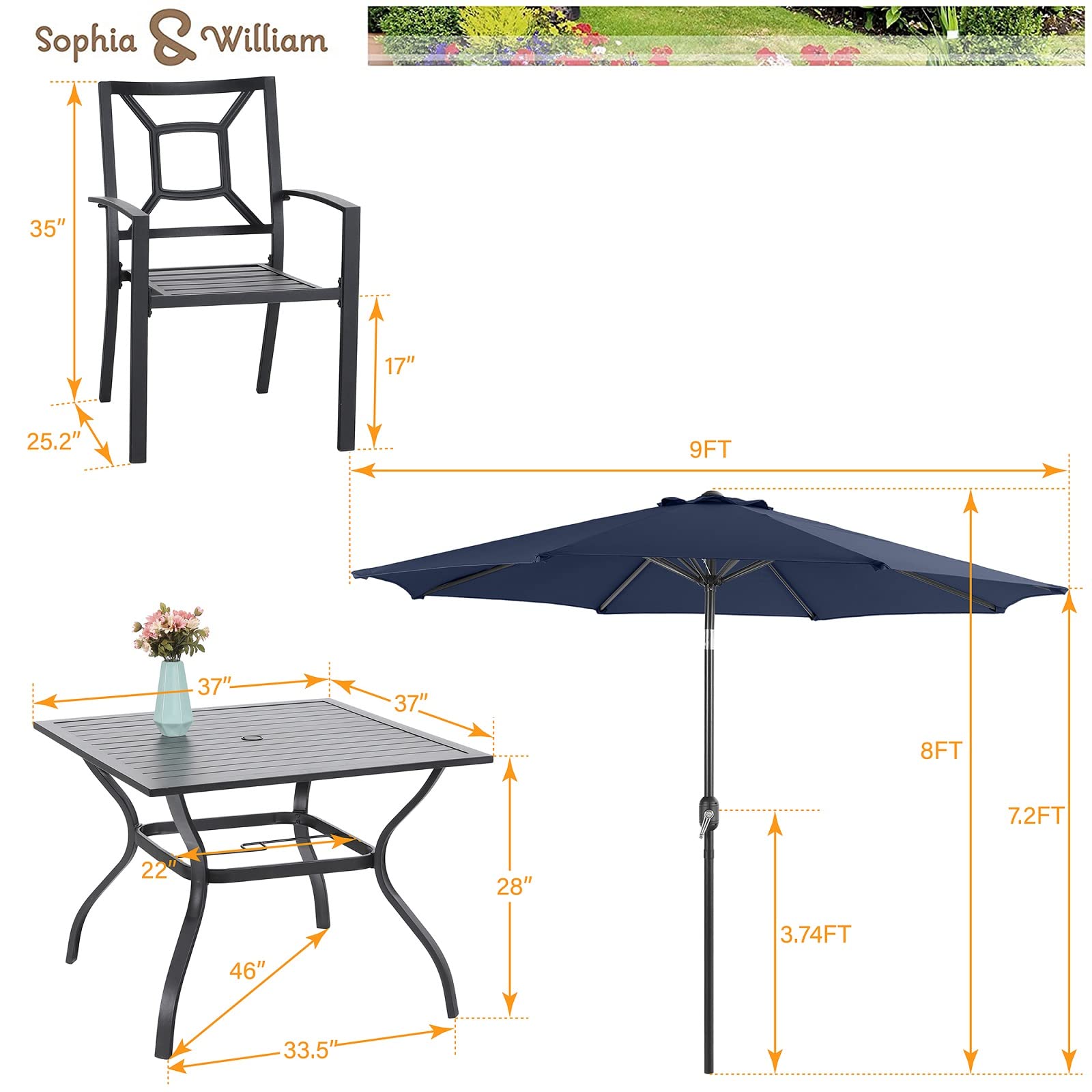 Sophia & William 6-Piece Metal Outdoor Dining Set for 4 - Includes Square Table, 4 Stackable Chairs & 9ft Tiltable Navy Blue Patio Umbrella | Perfect for Backyard, Garden, Poolside & Outdoor Entertaining