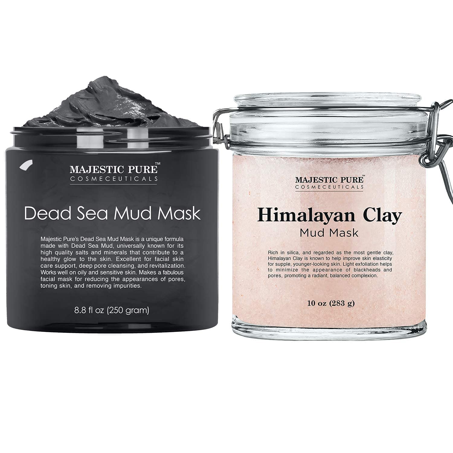 Majestic Pure Dead Sea Mud Mask & Himalayan Clay Mask Bundle - Natural Skin Care for Women & Men - Deep Cleansing, Detoxifying & Pore Minimizing for Glowing Skin - Perfect for Spa Days & At-Home Self Care