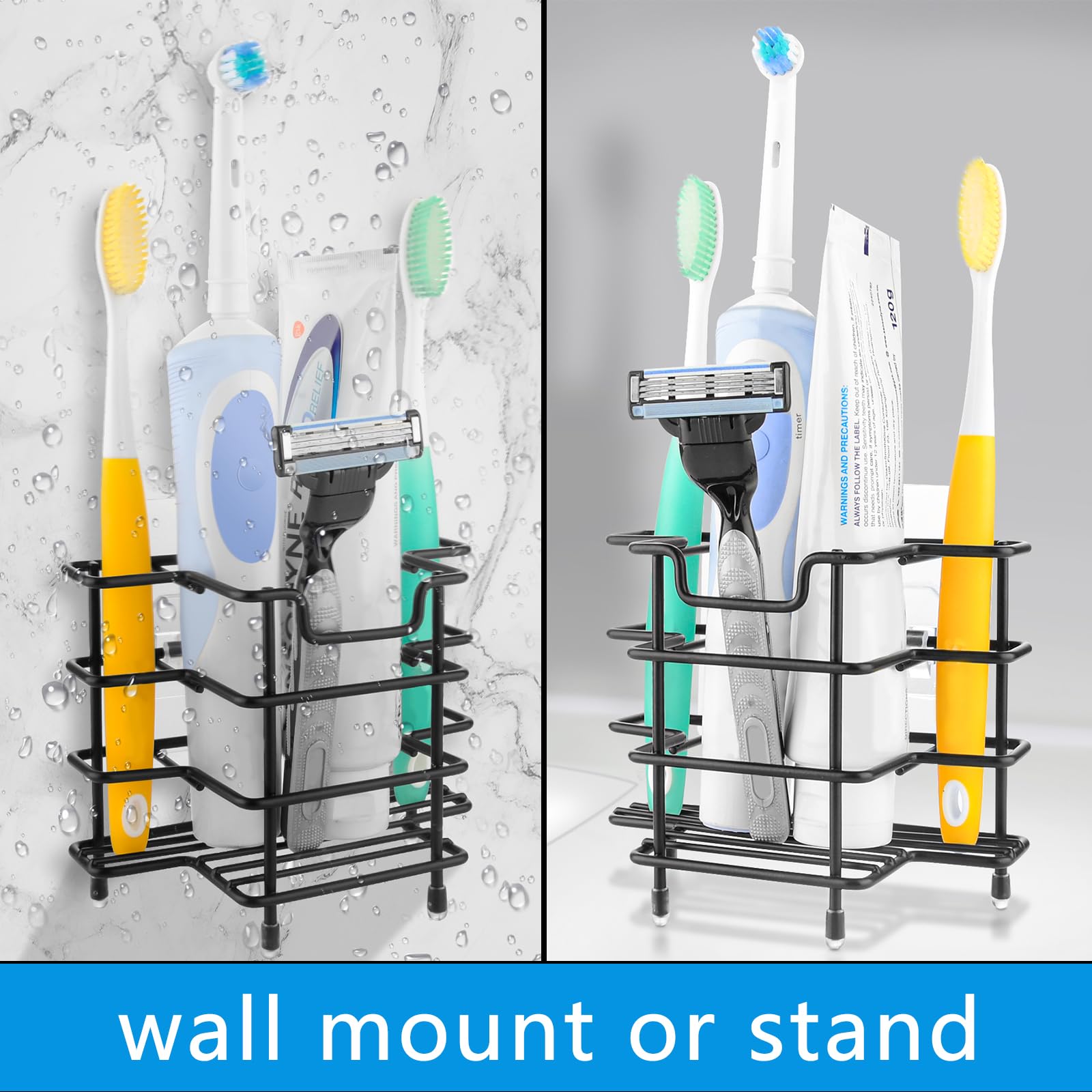 Stainless Steel Wall Mount Toothbrush Holder - 3 Slot Shower Organizer for Colgate Extra Clean & Oral-B CrossAction - Bathroom Countertop or Wall Mount Storage (Black) - Perfect for Small Spaces & Travel
