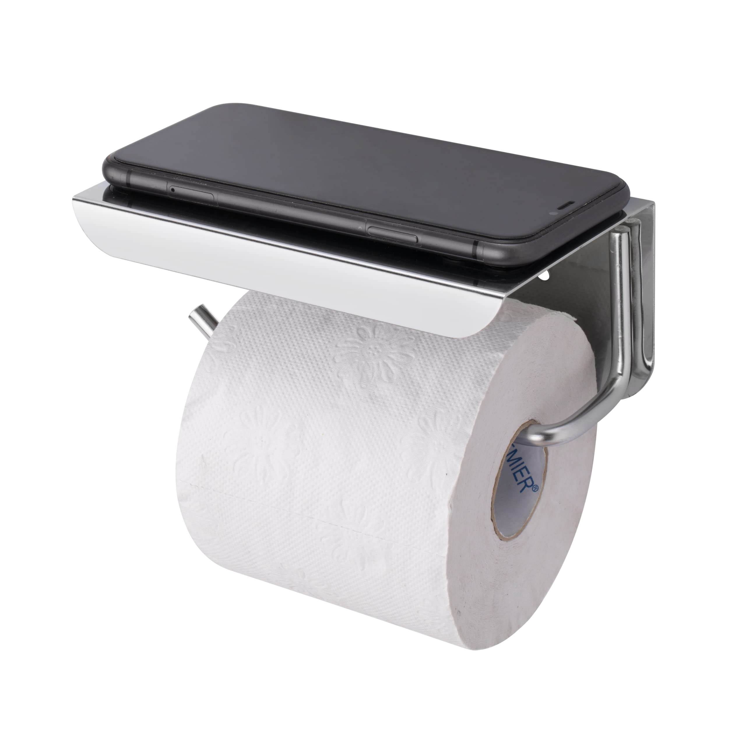 Stainless Steel Toilet Paper Holder with Shelf - Self Adhesive & Wall Mount Bathroom Tissue Roll Holder, Mobile Stand - Nickel Chrome Finish for Modern Bathroom & Powder Room Organization