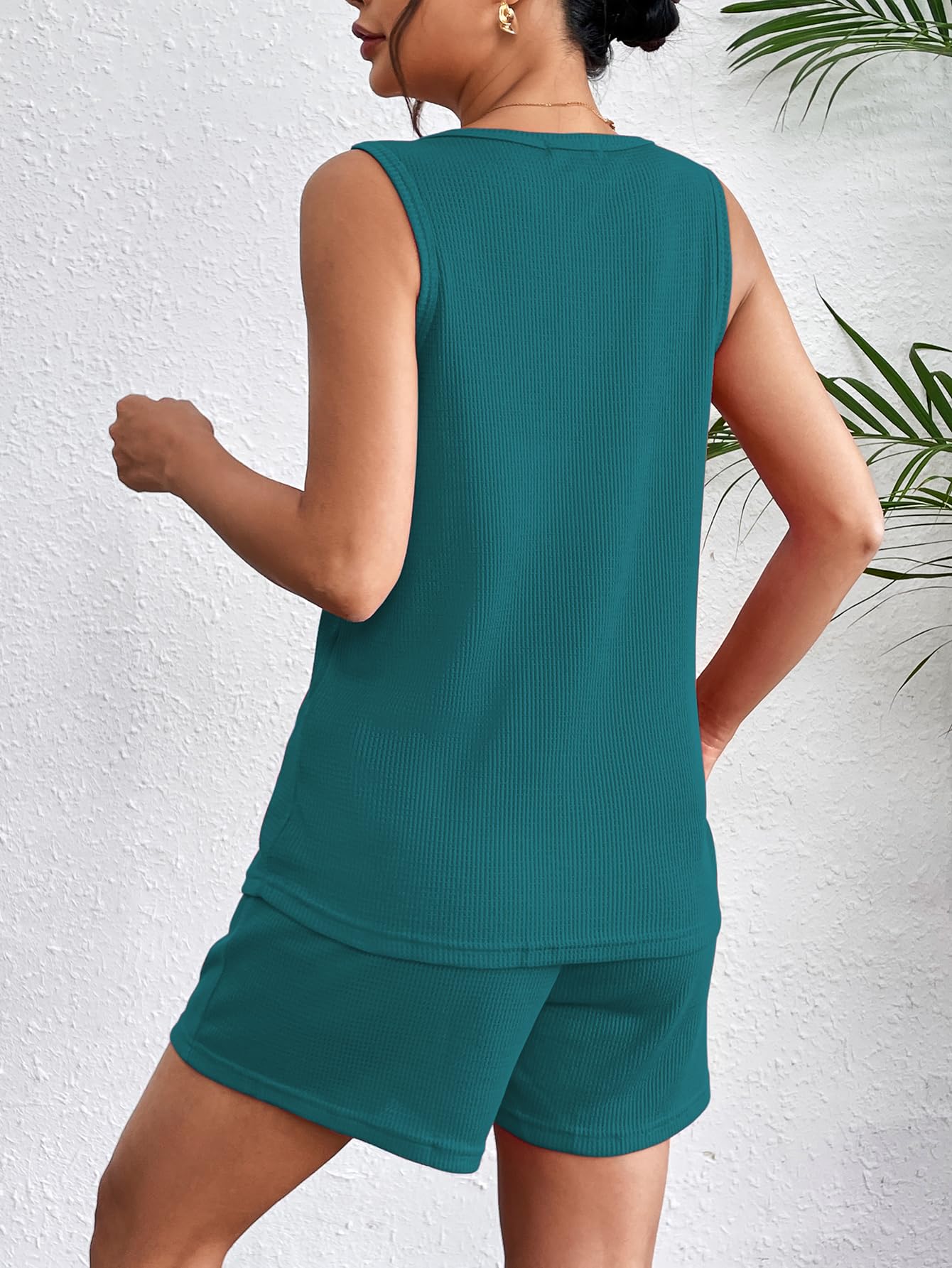 Ekouaer Women's Waffle Knit V-Neck Pajama Set - Tank Top & Shorts Lounge Set for Sleepwear, Loungewear & Casual Outfits | Soft & Comfortable PJs for Home, Vacation & Relaxation