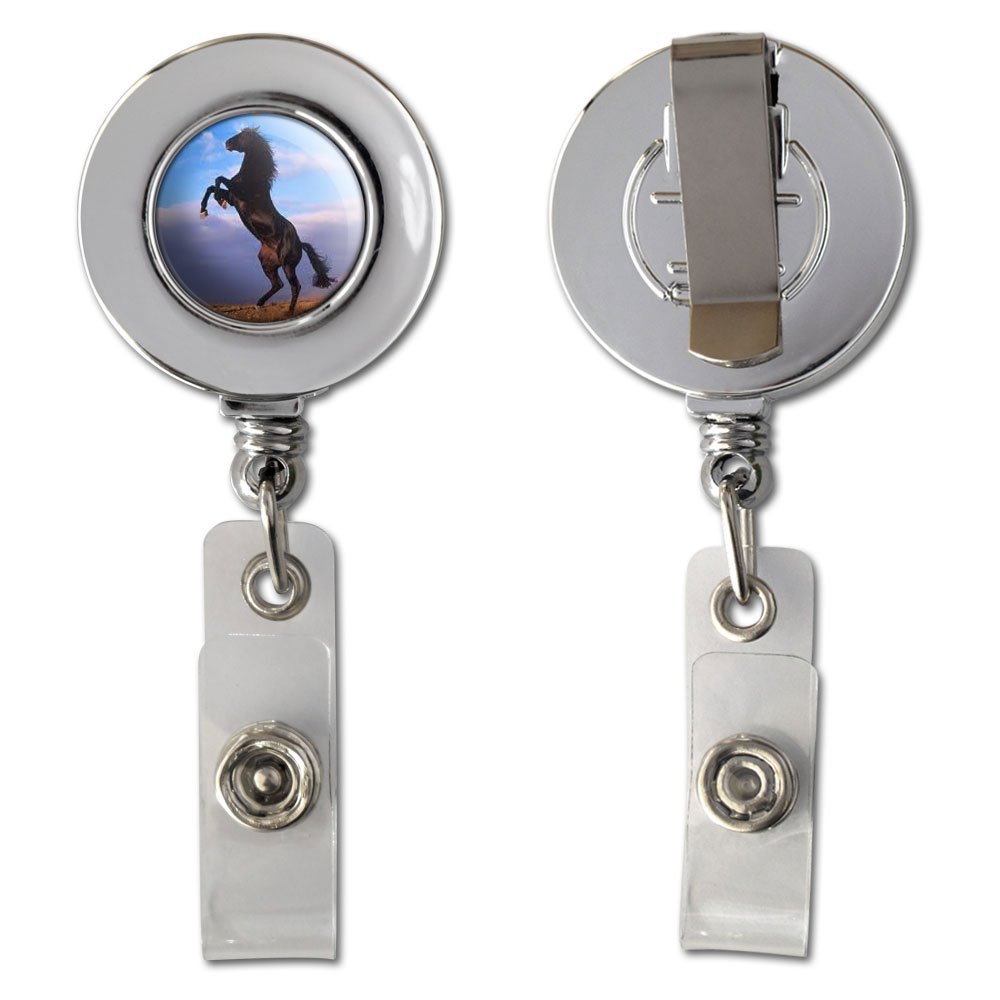 Mustang Horse Retractable ID Badge Holder - Chrome Metal Reel Clip for Work, School & Security Access (Animal Lover Gift)