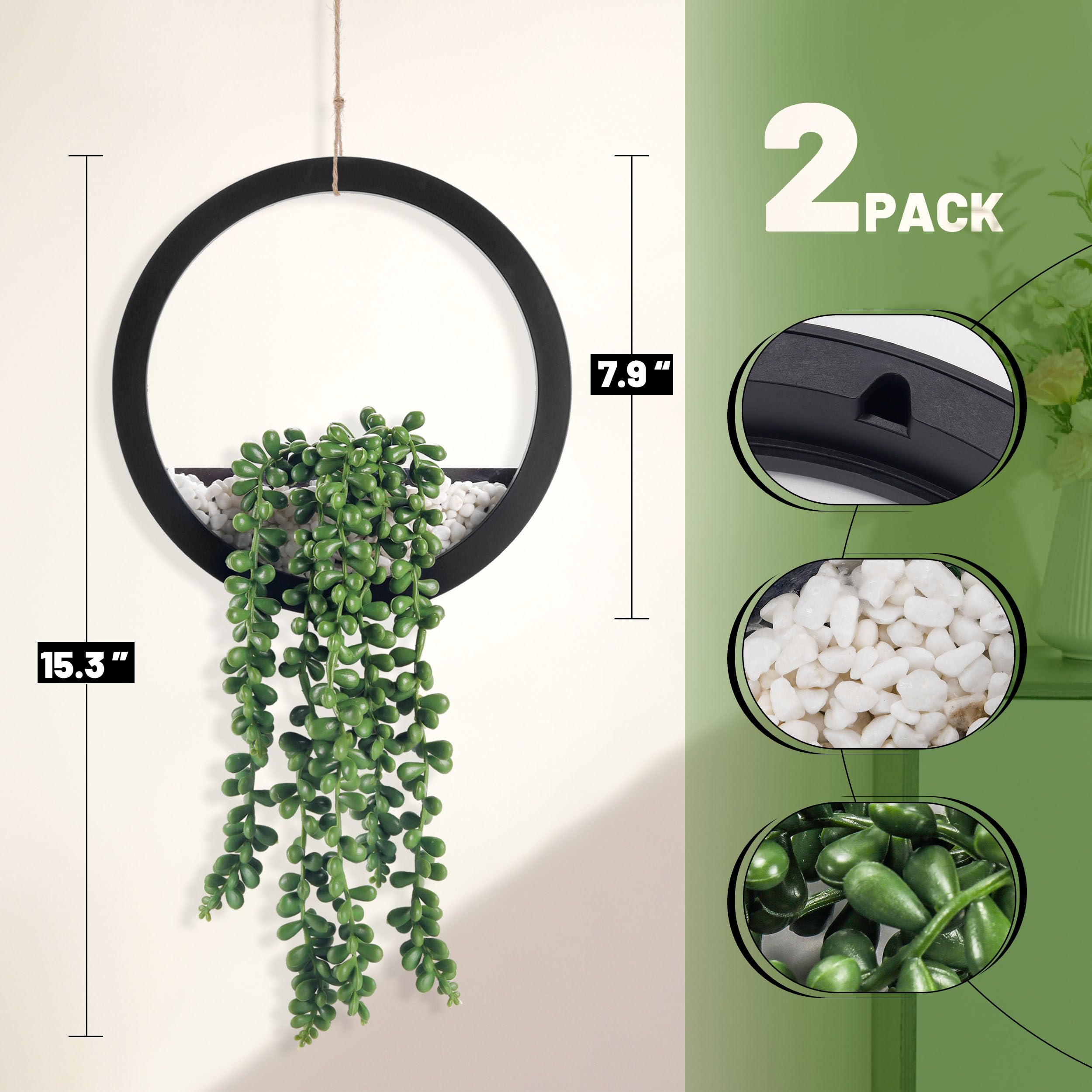 2 Pack Fake Hanging Succulent Plants in Black Pots - Artificial Greenery for Living Room, Bathroom, Office & Boho Wall Decor - Low Maintenance Home Décor Accessories