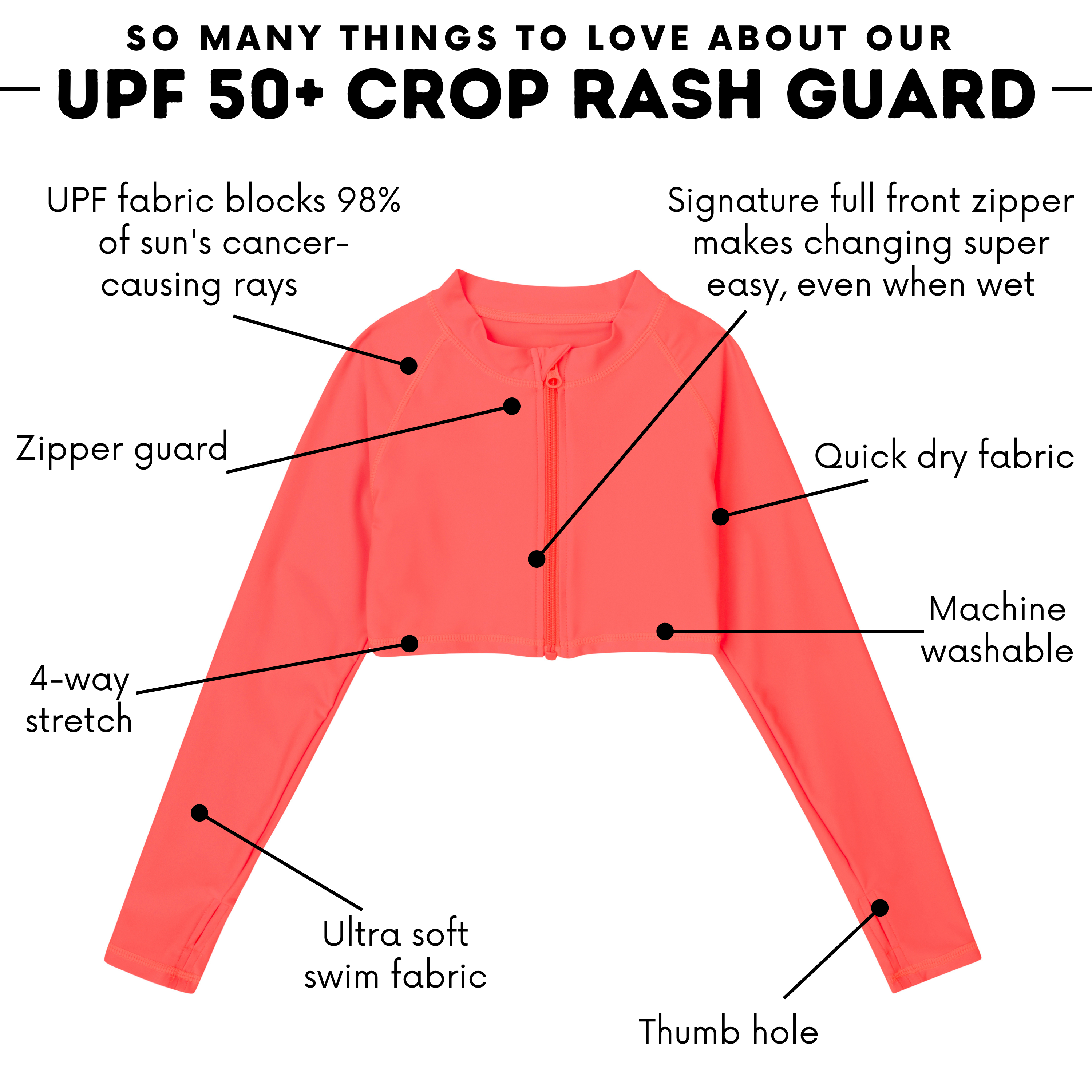 Neon Orange Girls Long Sleeve Crop Rash Guard - UPF 50+ Sun Protection Swim Shirt for Surfing, Swimming & Beach Activities