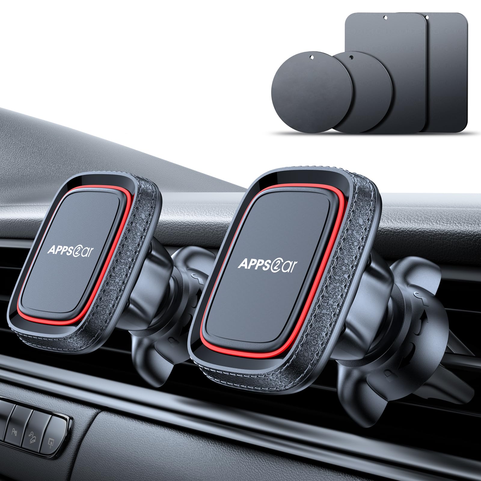 APPS2Car 2 Pack Magnetic Phone Car Mount - Strong 6 Magnet Vent Holder with Adjustable Tightening System for iPhone, Samsung & Smartphones | Perfect for Commuting, Road Trips & Hands-Free Driving