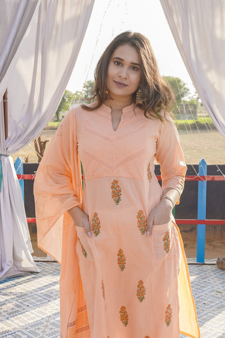 Stylish Peach Block Print Kurta Suit Set for Women | Traditional Indian Ethnic Wear | Perfect for Festivals, Weddings & Casual Outings