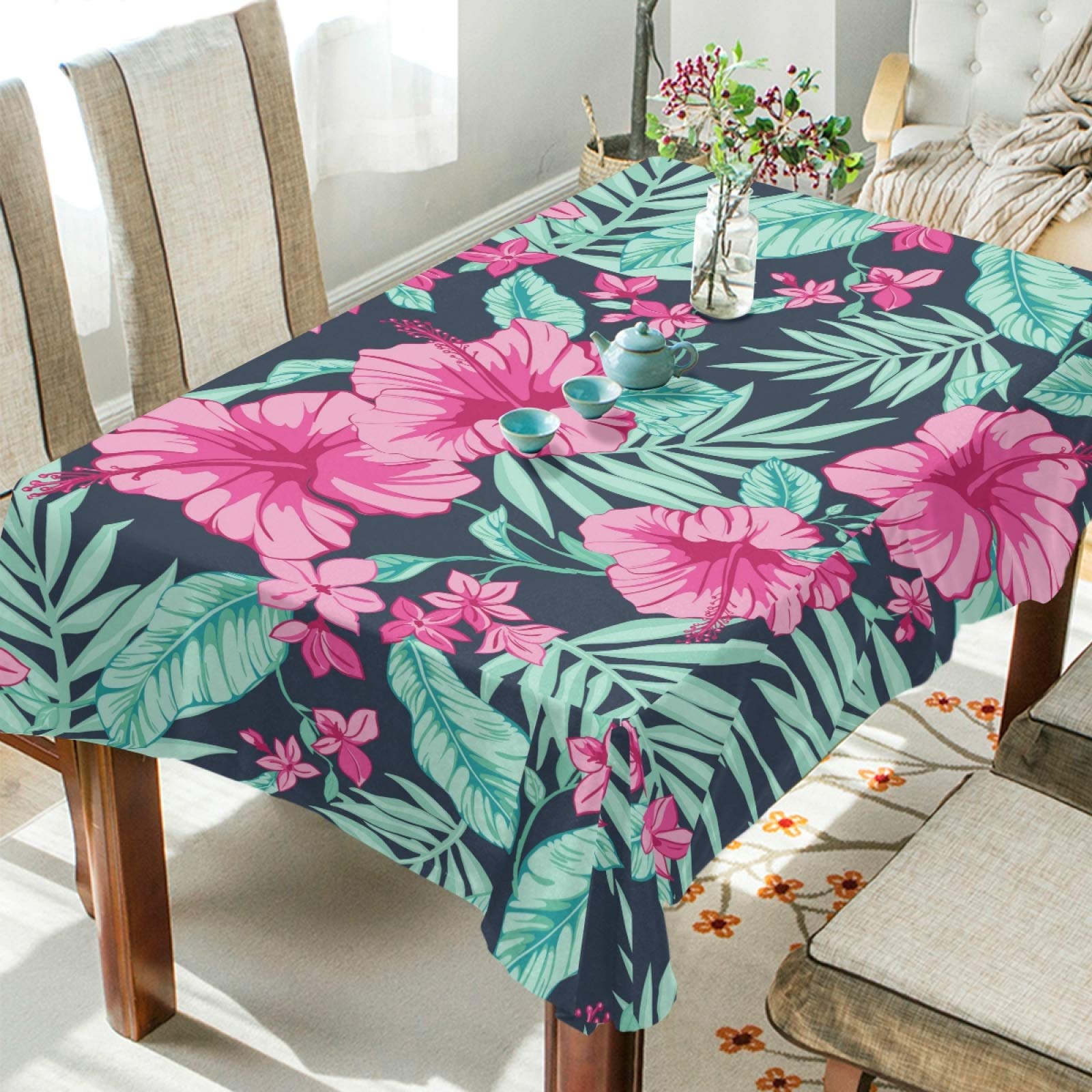 Classic Tropical Hibiscus & Palm Leaf Polyester Tablecloth - 60 Inch Rectangle & Square Table Cover for Party, Dinner Decor - Perfect for Weddings, BBQs, and Tropical-Themed Events