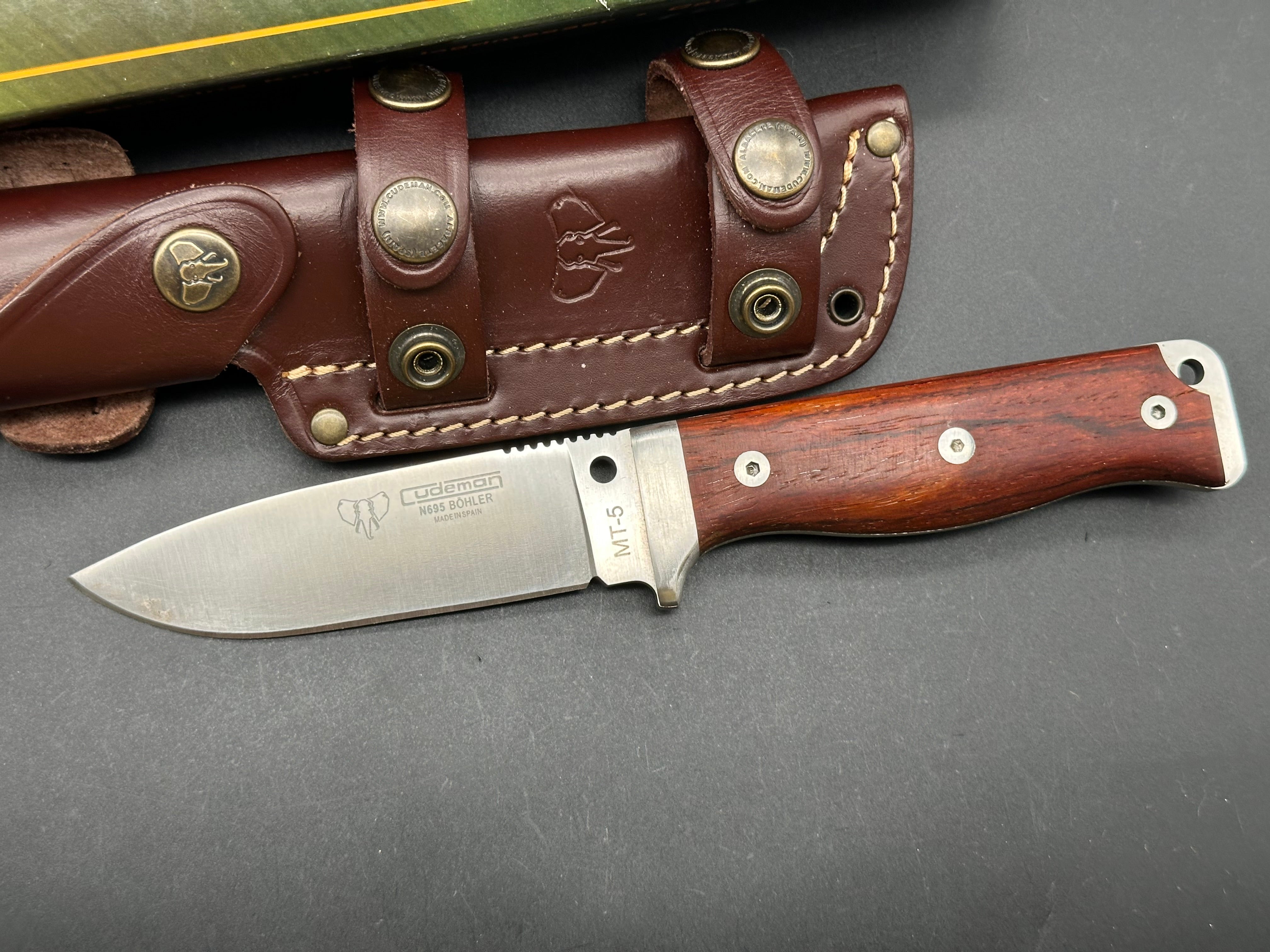 Cudeman 120K MT5 Survival Knife with Cocobolo Wood Handle - Drop Point Blade for Outdoor Camping, Hunting & Bushcraft