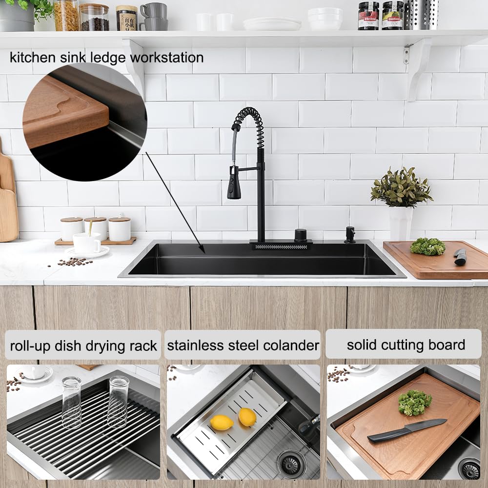 33x22 Inch Gunmetal Black Stainless Steel Drop-in Kitchen Sink Workstation with Waterfall Faucet Combo - 16 Gauge Top Mount Multifunctional Single Bowl Sink for Modern Home & Restaurant Use