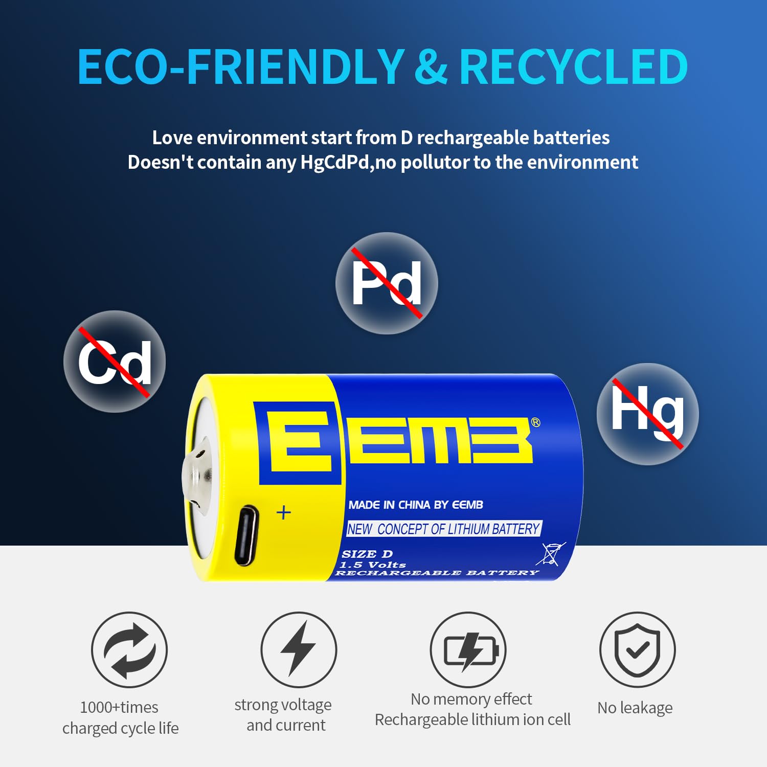 EEMB 1.5V Rechargeable D Batteries 5550mWh Lithium D Cell Batteries with USB Type-C Cable - 2 Pack LR20 Replacement for Flashlights, Emergency Lights & Camping Gear
