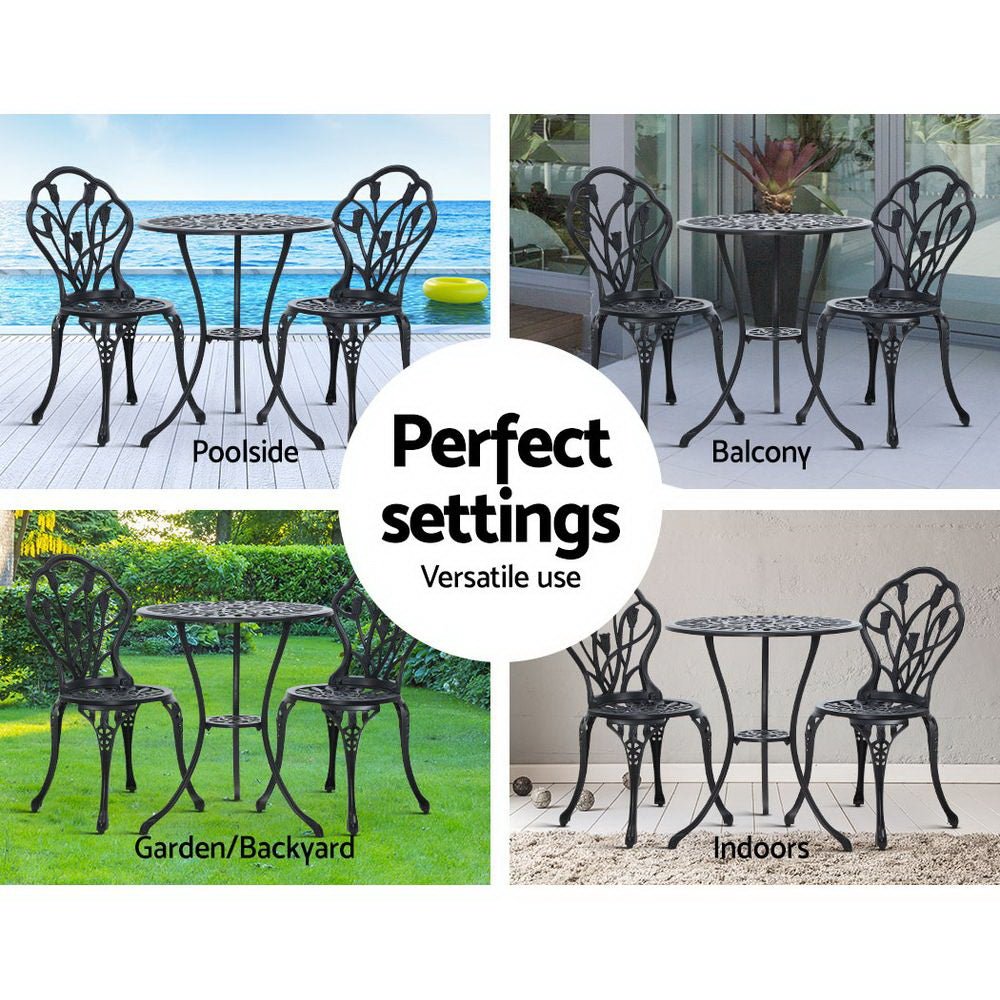 3-Piece Outdoor Bistro Set - Cast Aluminum Patio Table & Chairs in Tulip Black - Perfect for Garden, Balcony, and Small Space Dining