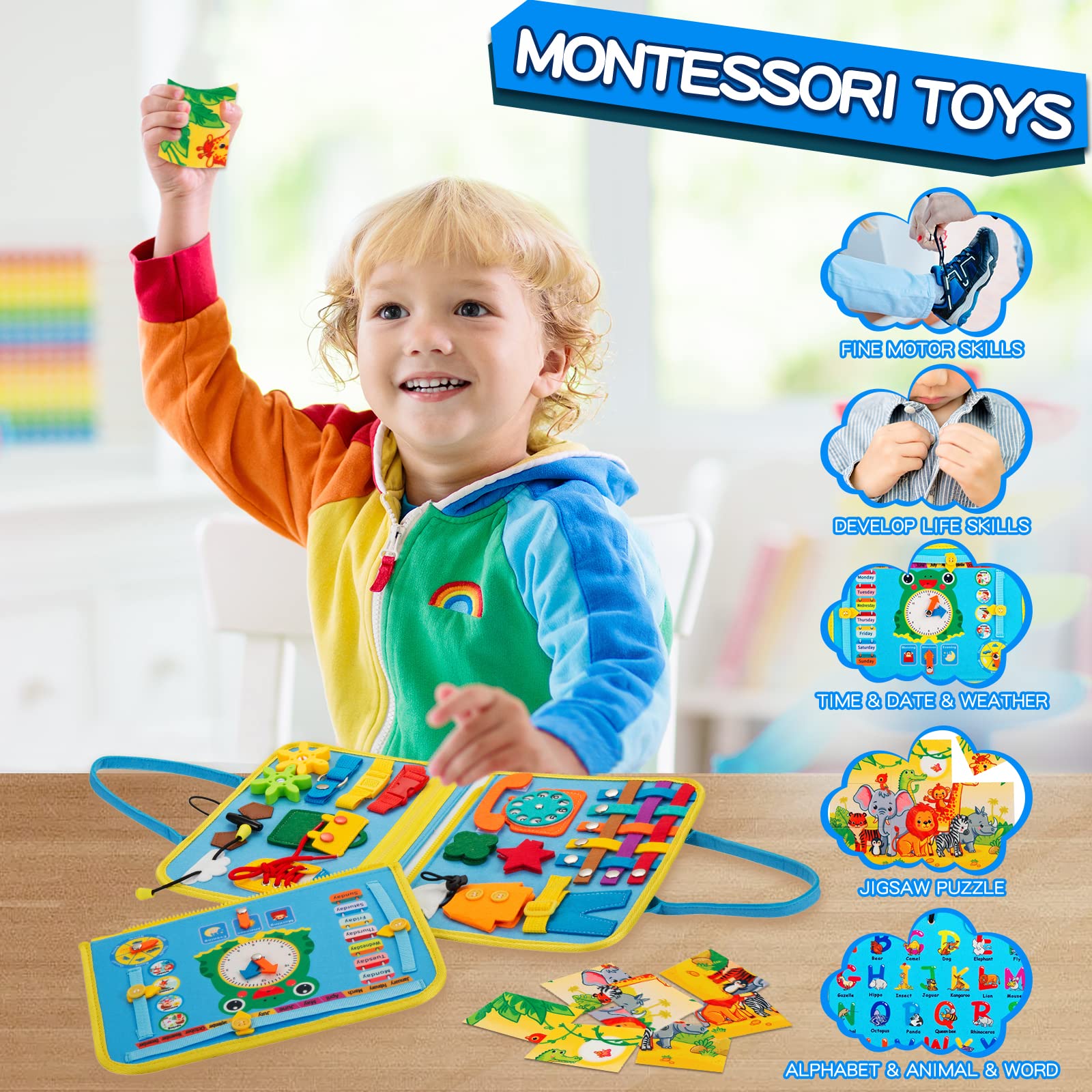 Busy Board for Toddlers 1-4 Years Old - Montessori Sensory Activity Board with Fine Motor Skills Toys | Educational Travel Toy for Boys & Girls (Blue) | Perfect for Airplane, Car Rides & Home Learning