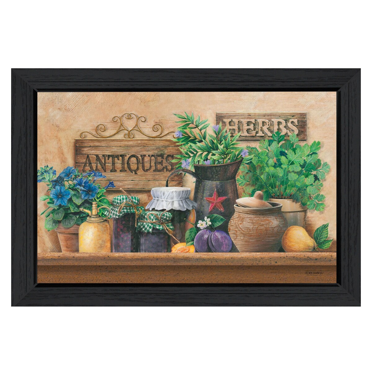 Antiques and Herbs Framed Wall Art by Ed Wargo - Ready to Hang Black Frame - Perfect for Living Room, Bedroom & Office Decor