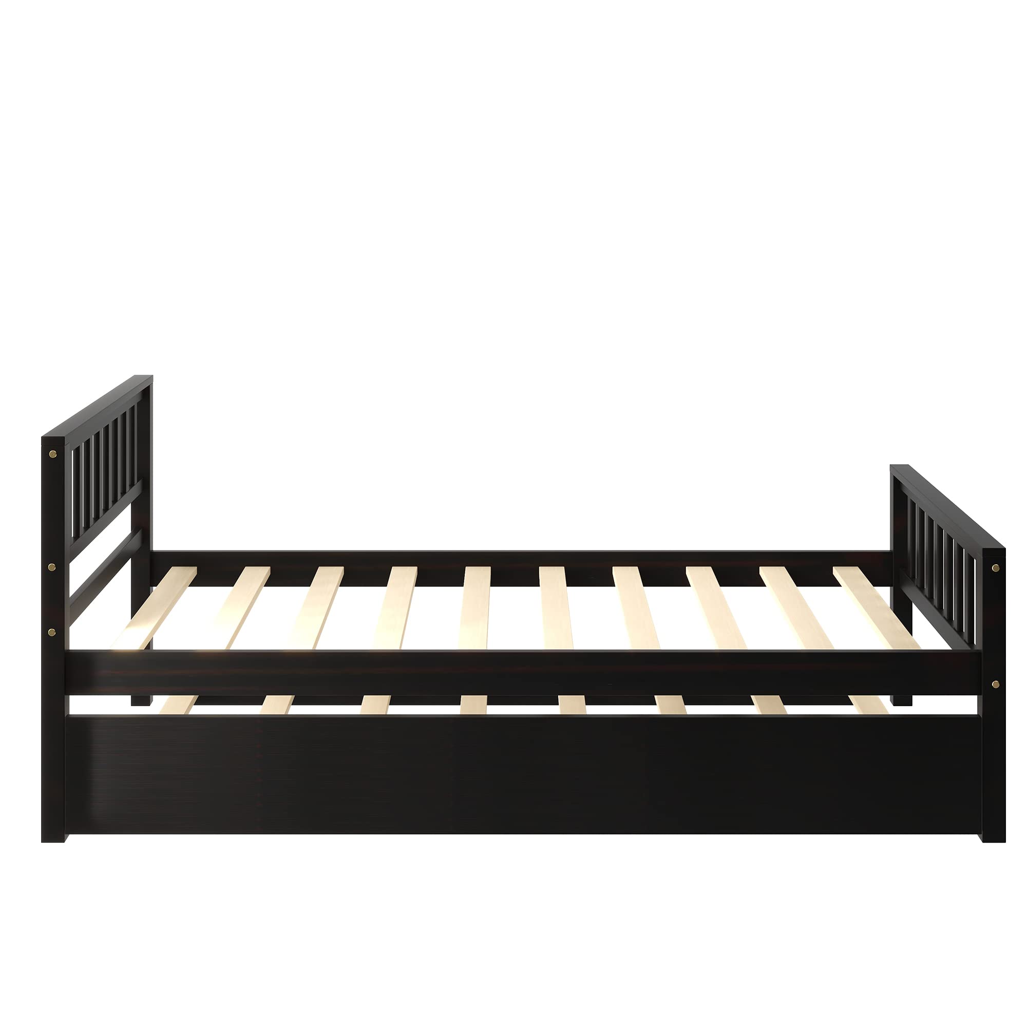 Twin Platform Bed Frame with Trundle - Solid Pine Wood Daybed with Headboard & Footboard - Sturdy 10-Slat Support (No Box Spring Needed) - Espresso Finish - Perfect for Kids' Room, Guest Bedroom or Small Space Solution