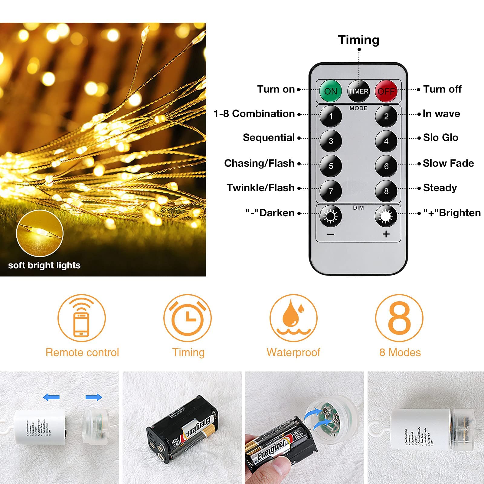 Fairy Christmas String Lights - 225 LED Dimmable with Remote for Indoor/Outdoor Decor