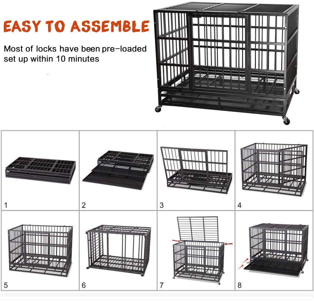 LEMBERI 42 Inch Heavy Duty Indestructible Dog Crate - Escape Proof Large Dog Kennel with Lockable Wheels & Removable Tray, High Anxiety Double Door Dog Cage for XL Breeds - Perfect for Indoor Use, Travel & Vet Visits