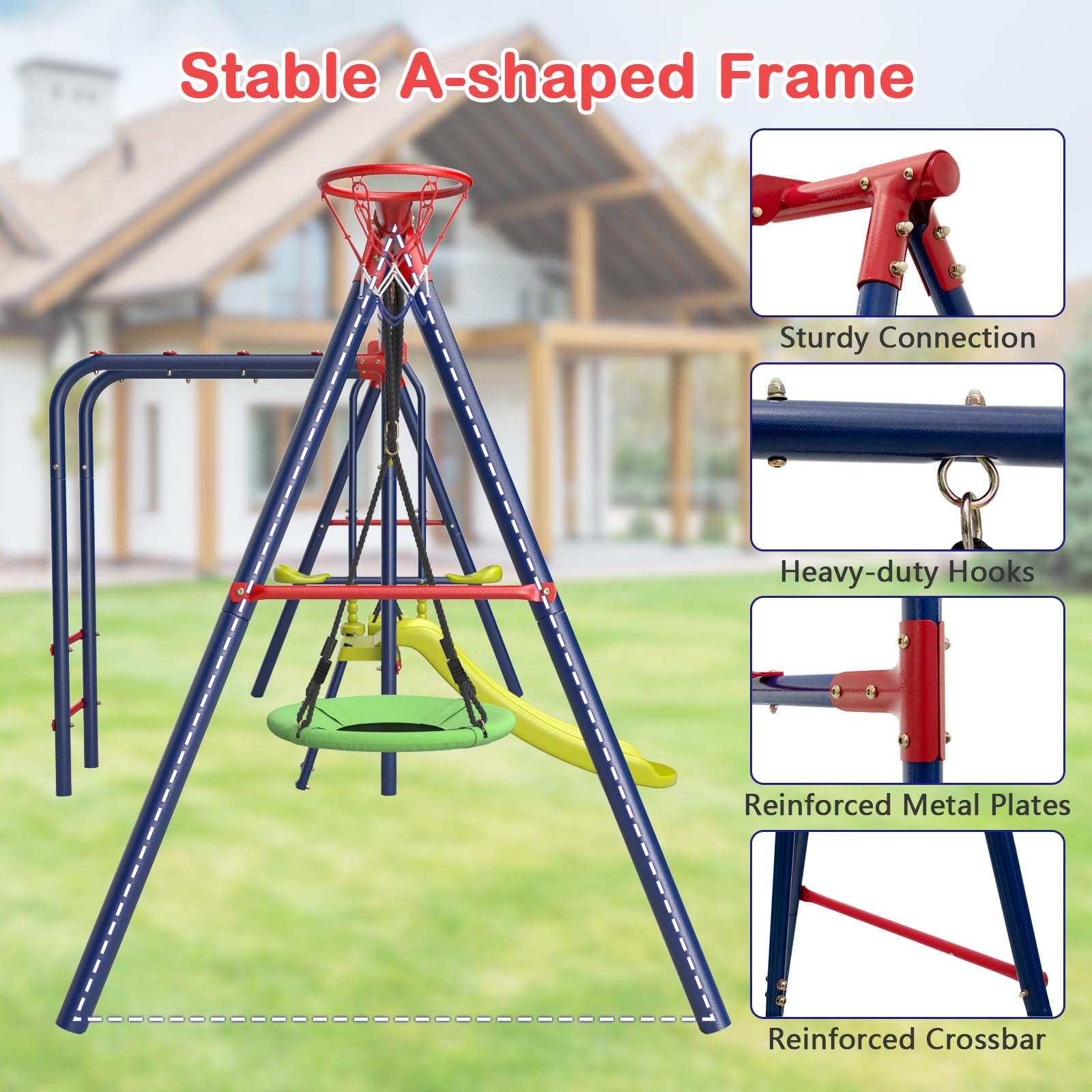 OLAKIDS 7-in-1 Heavy Duty Metal Swing Set for Backyard - 660LBS Capacity A-Frame Playset with Monkey Bars, Slide, 2 Swings, Glider, Trapeze Rings & Basketball Hoop | Outdoor Playground Equipment for Kids | Perfect for Backyard Fun, Birthday Gifts & Family Bonding Activities