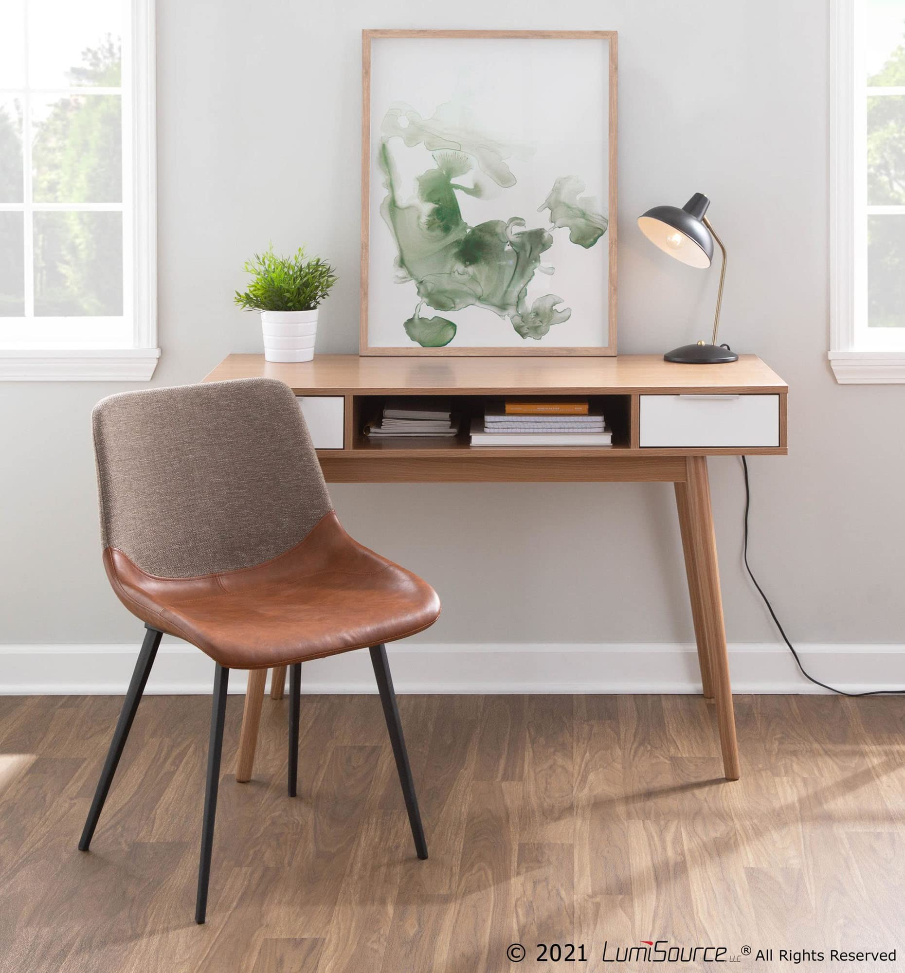 LumiSource Pebble Double Desk - Modern Home Office & Computer Desk with Drawers | Natural Wood & White Finish | Compact Bedroom & Gaming Desk for Small Spaces | Perfect for Remote Work, Study & Gaming Setup