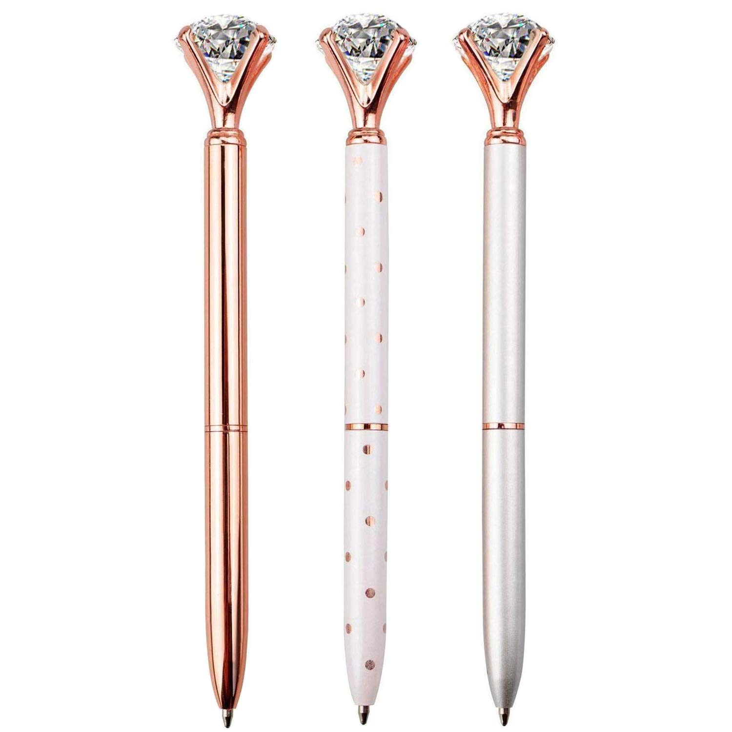 3 PCS Luxury Crystal Diamond Ballpoint Pens - Bling Metal Office & School Writing Pens (Silver/White Rose Polka Dot/Rose Gold) with 3 Refills - Perfect for Business Meetings, Gift Giving & Note Taking