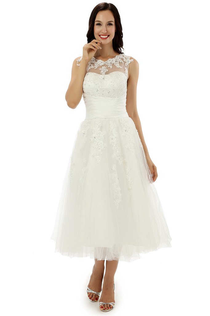 Engerla Women's Tea-Length Wedding Dress with Straps, Tulle Applique & Crystal Details – Perfect for Bridal Showers, Beach Weddings, and Vow Renewal Ceremonies