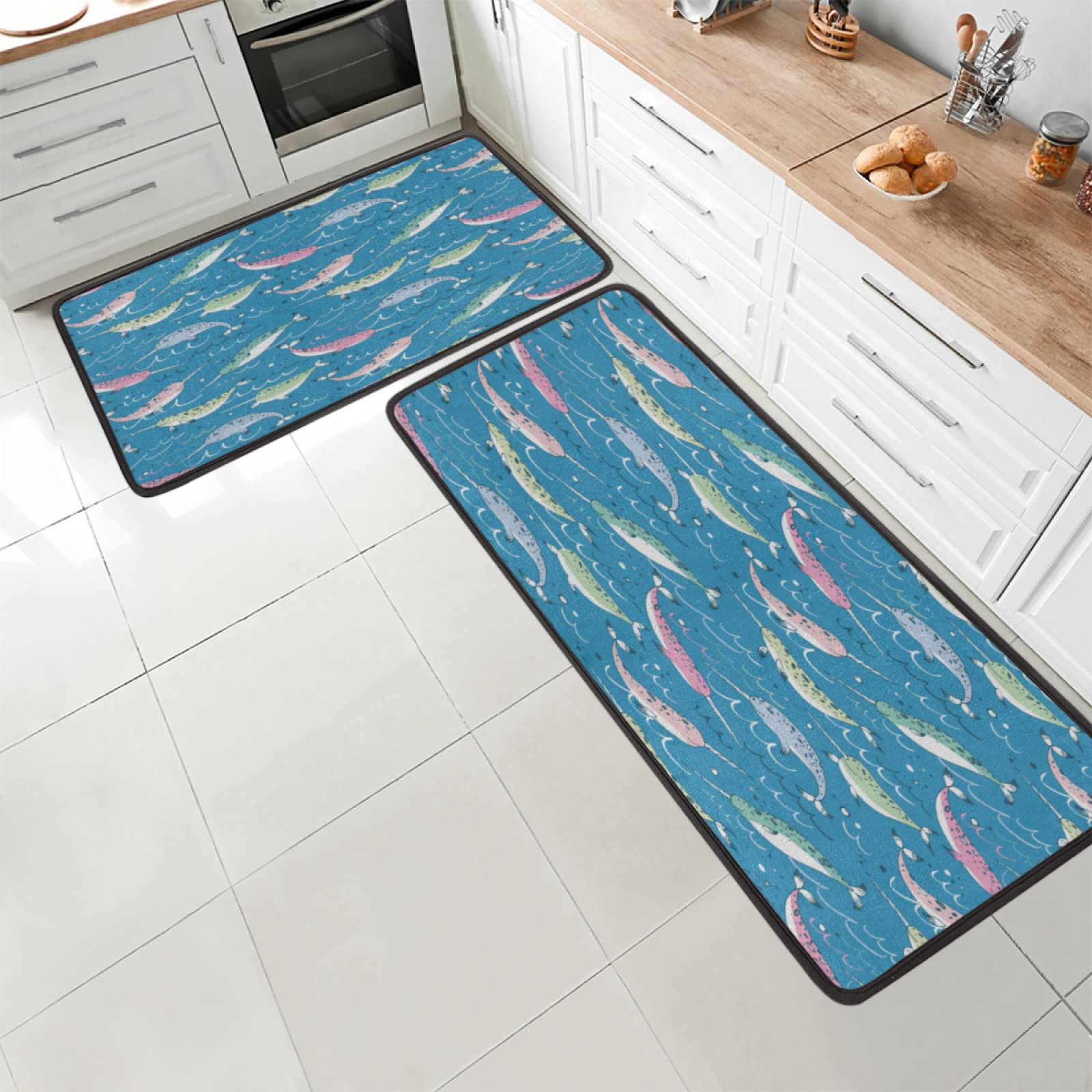 Non-Slip Ocean Animal Tuna Fish Kitchen Rugs - 2PCS Waterproof Floor Mats for Entrance, Hallway & Bathroom - Cute Home Decor Welcome Doormats for Indoor/Outdoor Use - Perfect for Beach House, Kids Room & Coastal Themed Decor