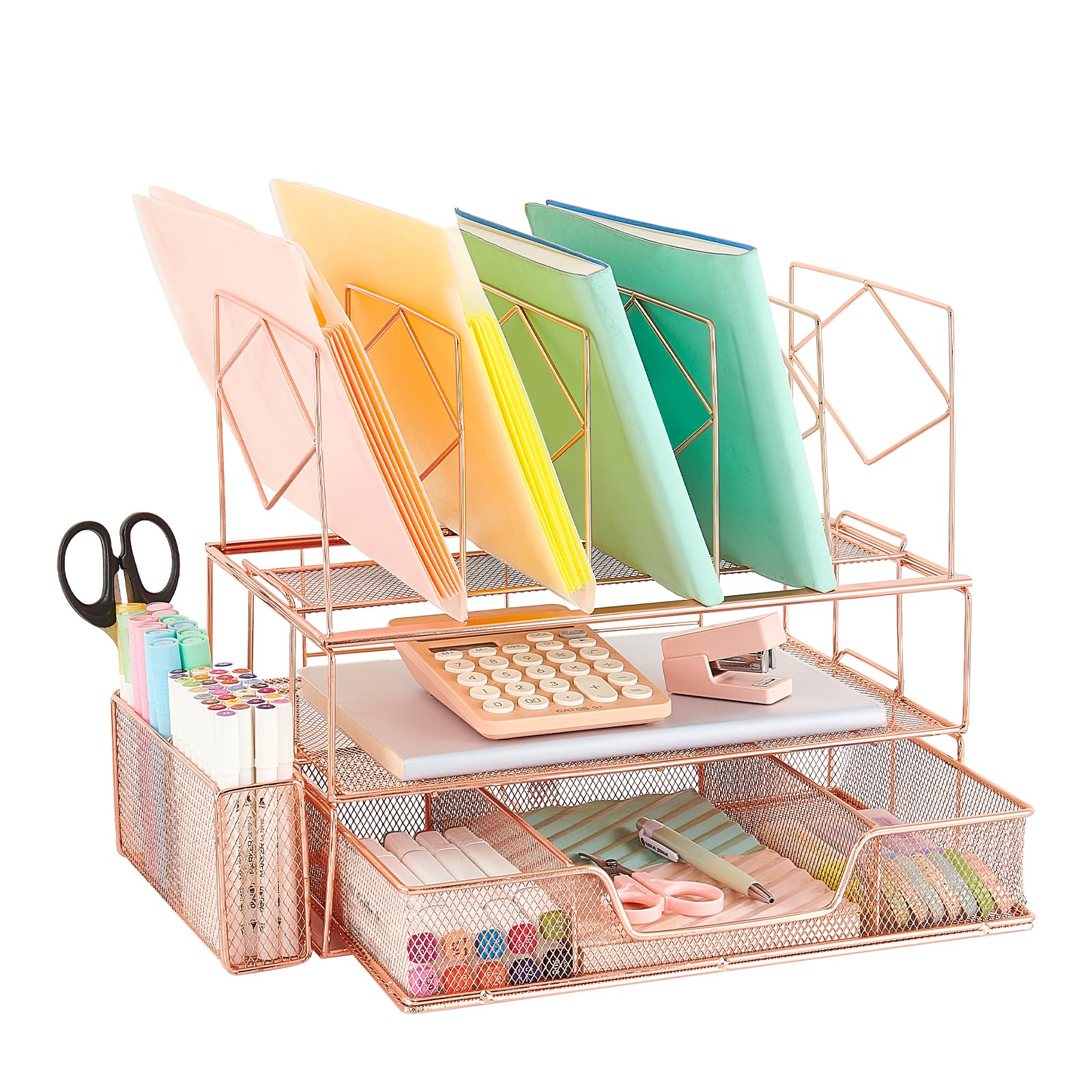 Youbetia Rose Gold Desk Organizer with Drawer - Office Supplies for File Organization, Double Tray & 5 Upright Sections - Perfect for Home Office, Workspace & School Organization Accessories