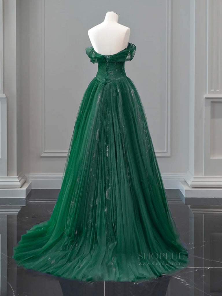 Elegant A-Line Off Shoulder Tulle Lace Green Long Prom Dress | Formal Evening Gown for Women | Perfect for Homecoming, Wedding Guest & Special Occasions
