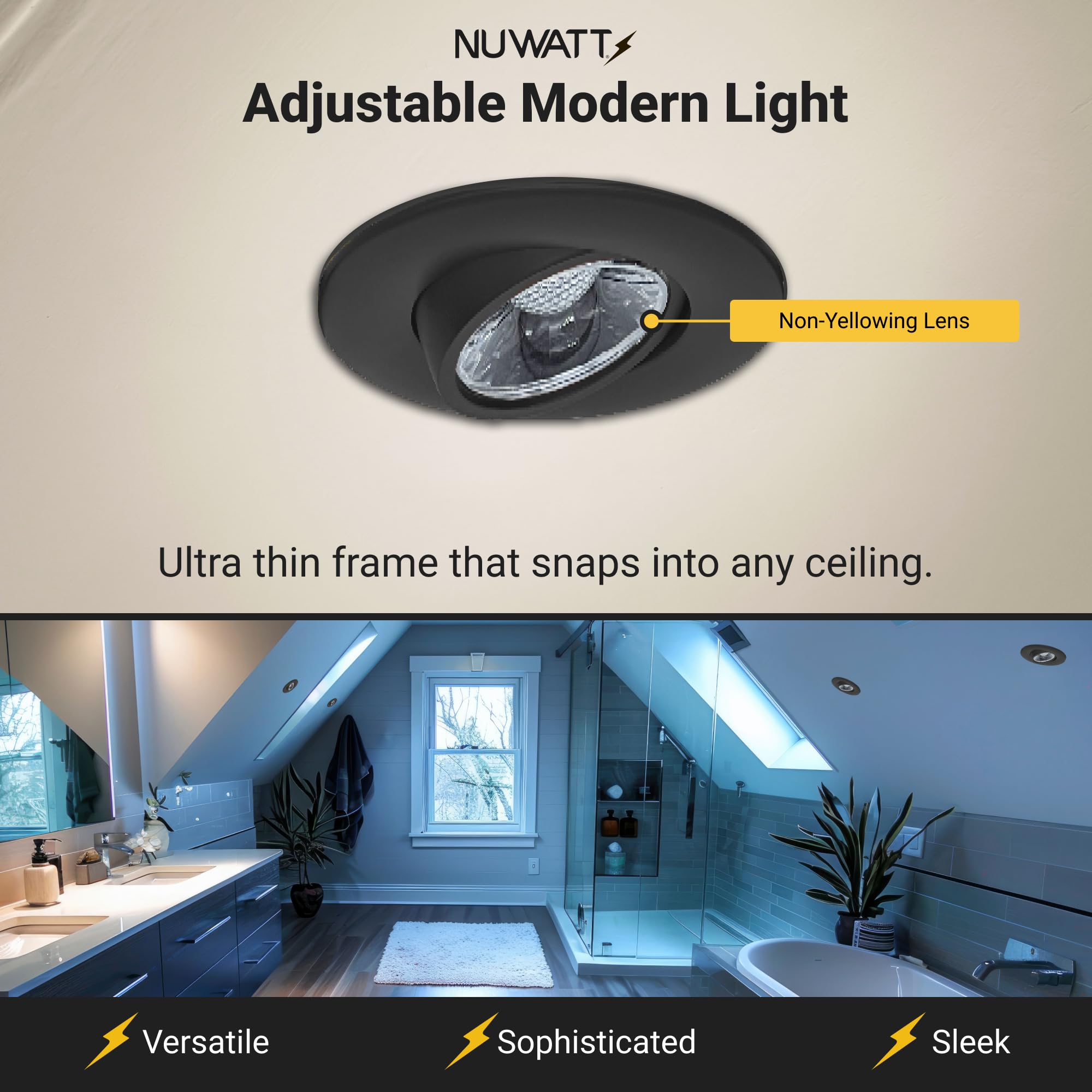 NUWATT Black 3 Inch LED Gimbal Recessed Lights - 5CCT Selectable (2700K-5000K), 8W 600 Lumens, IC & Wet Rated, 120V Dimmable, Canless Eyeball Adjustable - Perfect for Living Room, Kitchen, Bedroom & Bathroom Lighting (4 Pack)